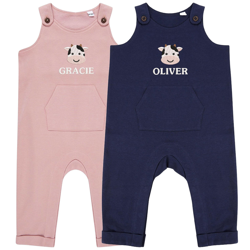 Embroidered Cow Personalised Name Baby & Toddler Organic Cotton Dungarees Custom Farmyard Barn Animals