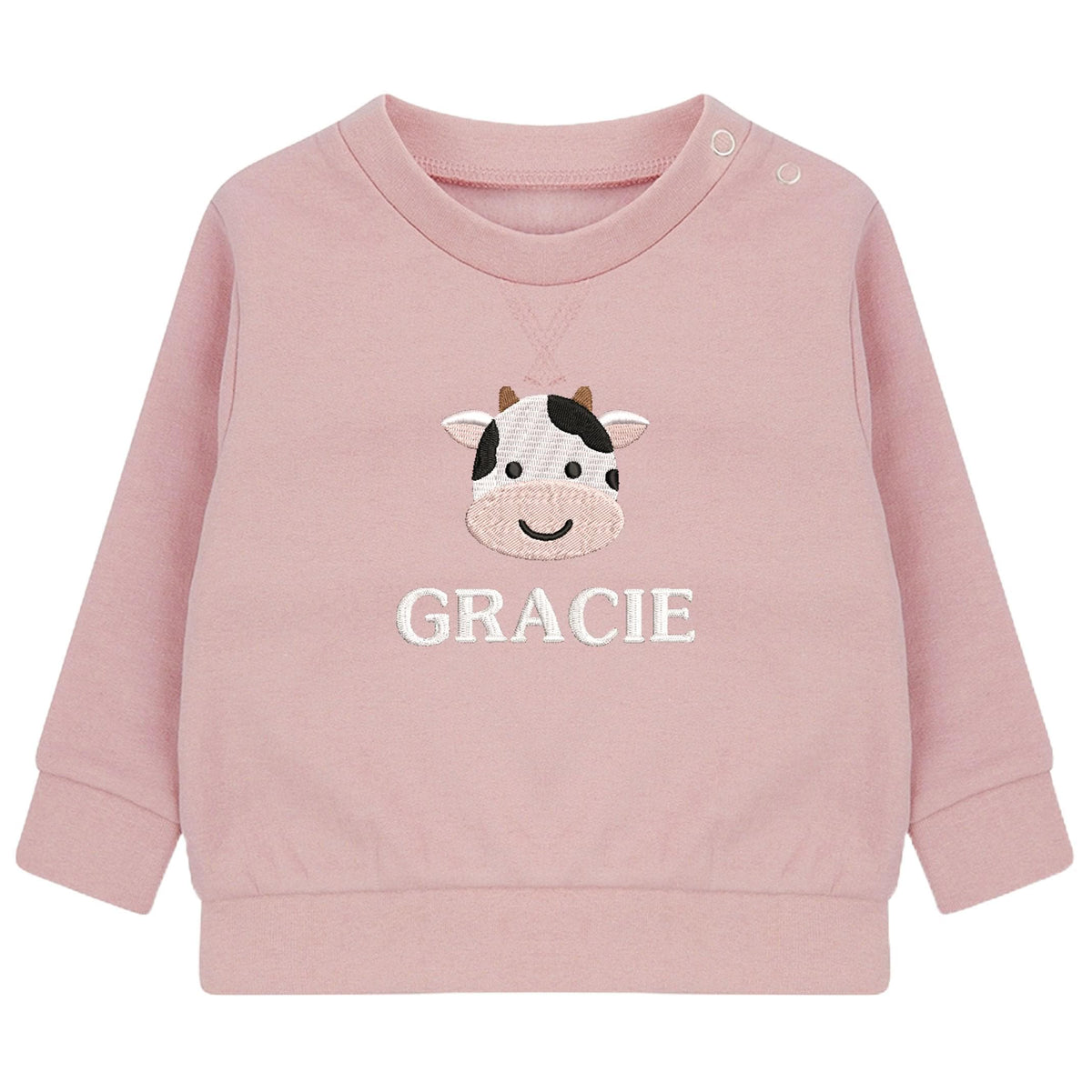 Embroidered Cow Personalised Name Sustainable Sweatshirt Baby & Toddler Custom Farmyard Barn Animals