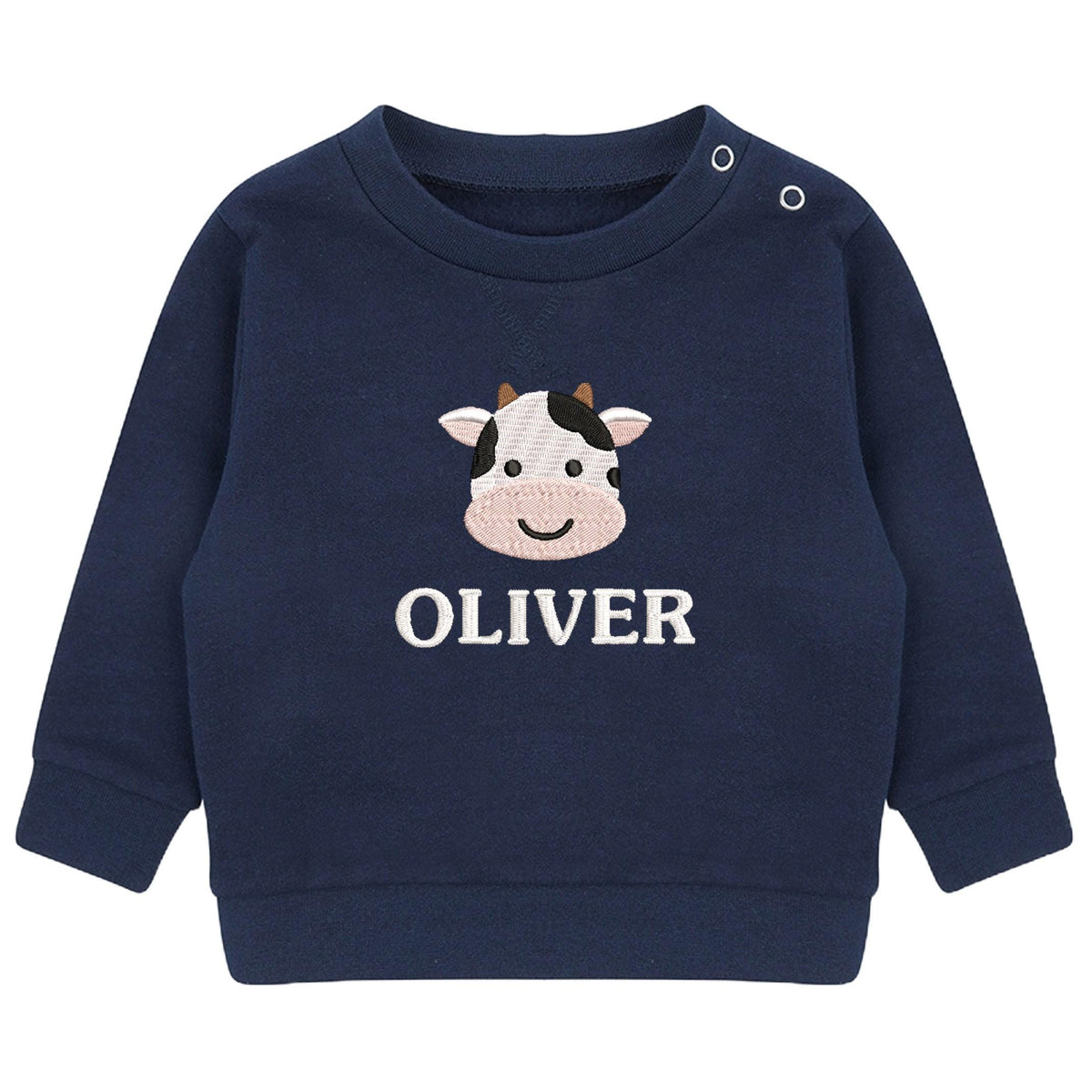 Embroidered Cow Personalised Name Sustainable Sweatshirt Baby & Toddler Custom Farmyard Barn Animals