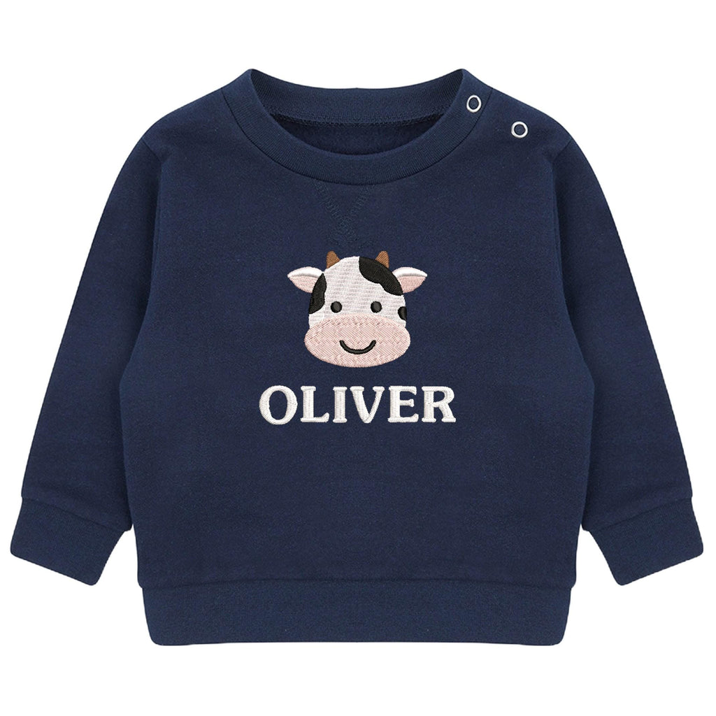 Embroidered Cow Personalised Name Sustainable Sweatshirt Baby & Toddler Custom Farmyard Barn Animals