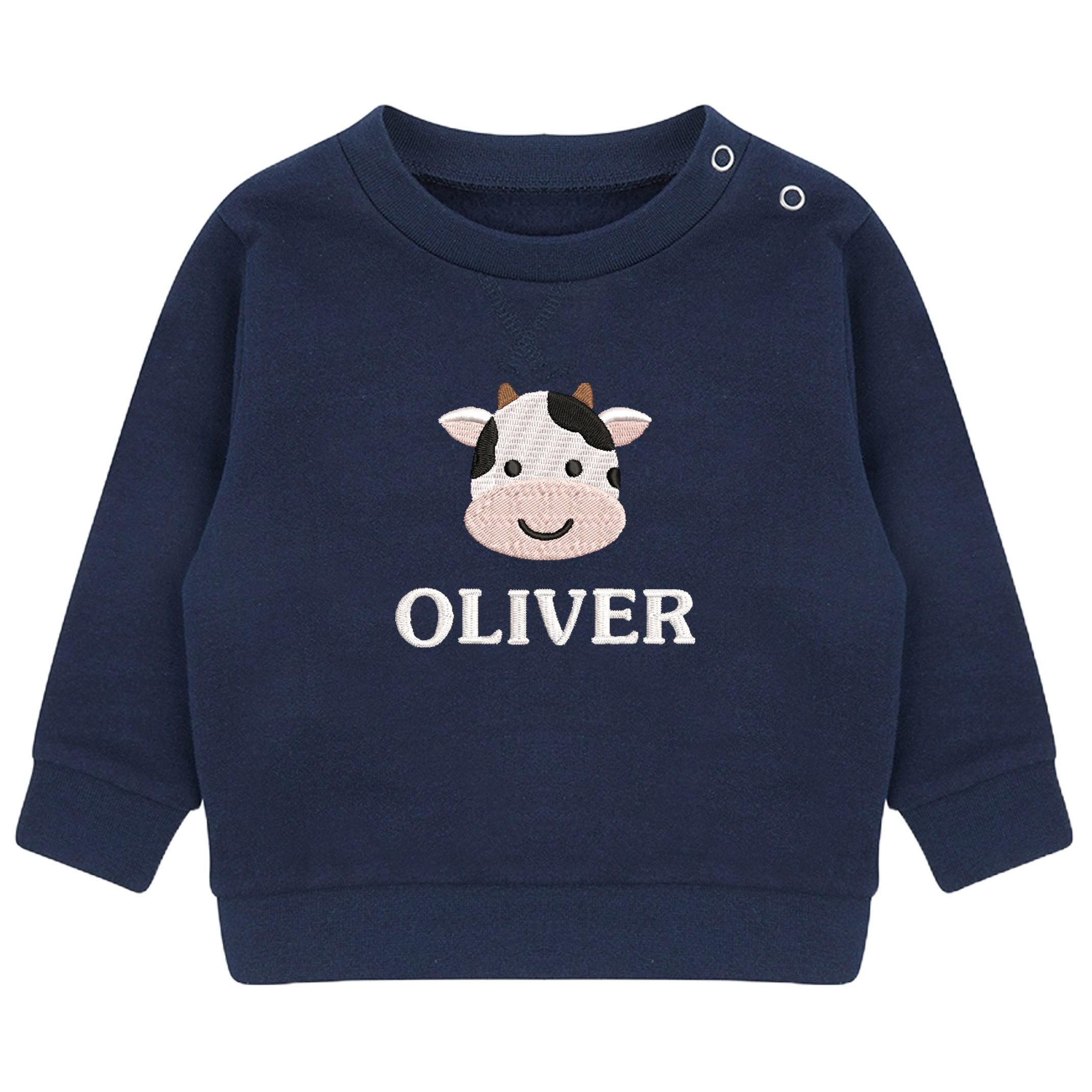 Embroidered Cow Personalised Name Sustainable Sweatshirt Baby & Toddler Custom Farmyard Barn Animals
