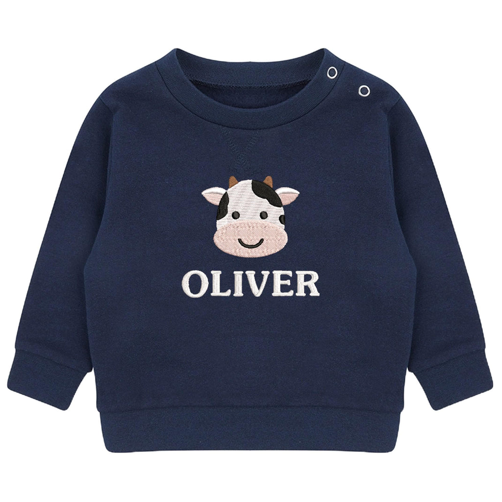 Embroidered Cow Personalised Name Sustainable Sweatshirt Baby & Toddler Custom Farmyard Barn Animals