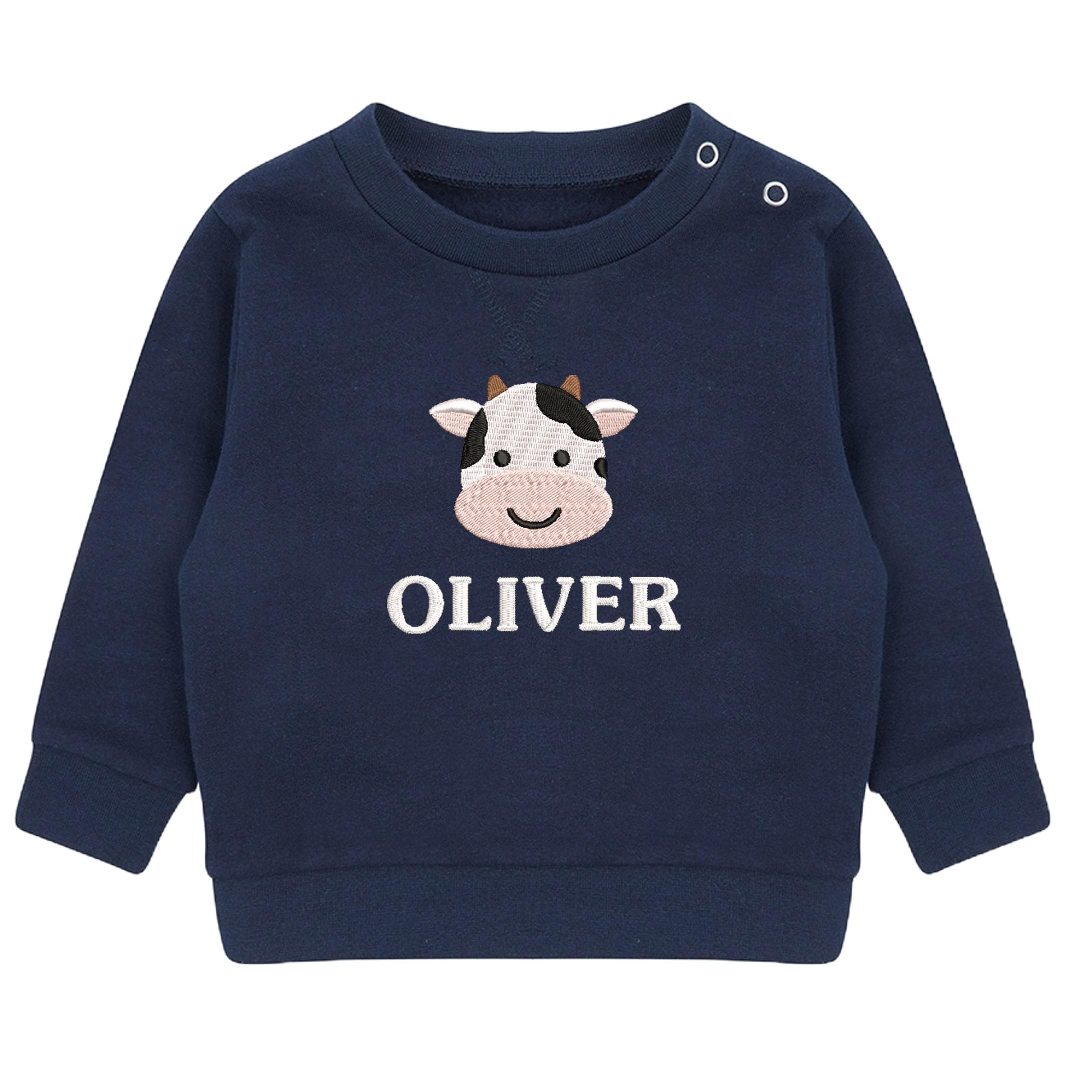 Embroidered Cow Personalised Name Sustainable Sweatshirt Baby & Toddler Custom Farmyard Barn Animals