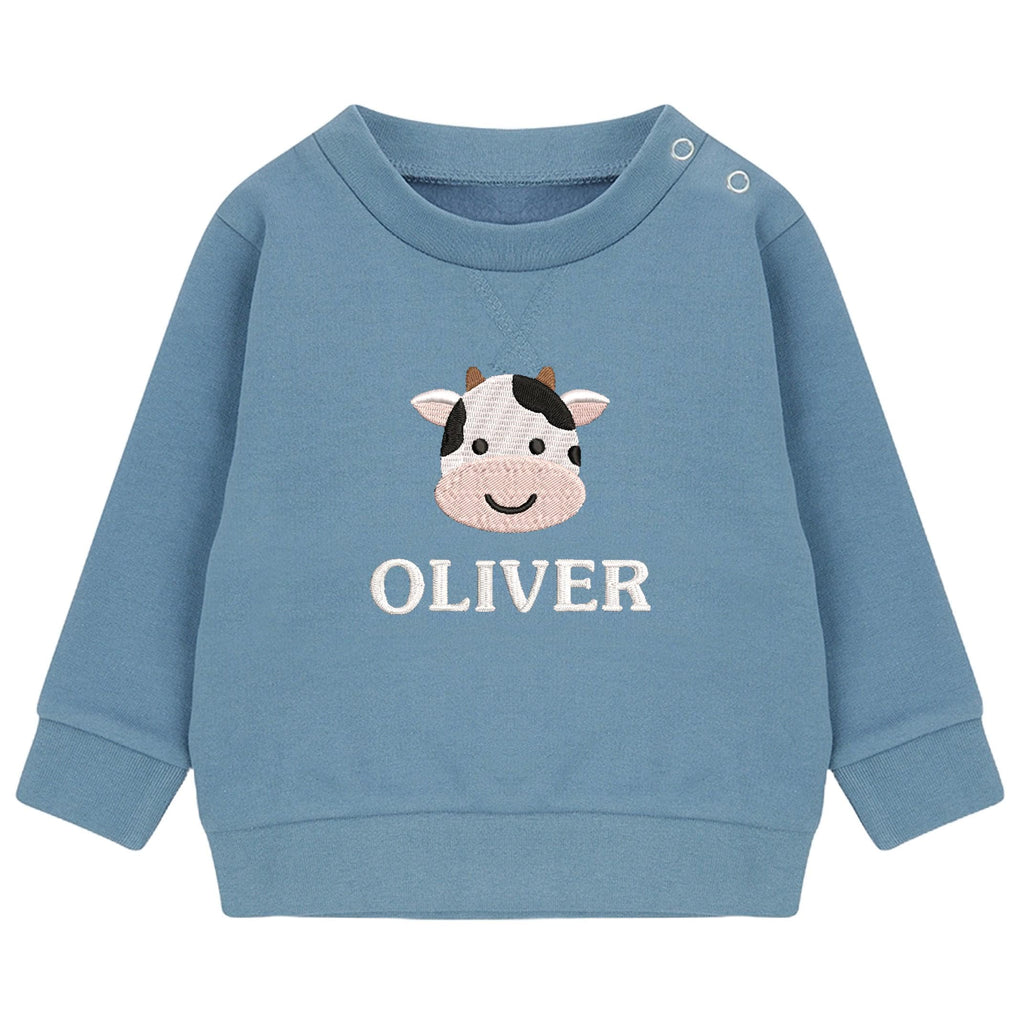 Embroidered Cow Personalised Name Sustainable Sweatshirt Baby & Toddler Custom Farmyard Barn Animals