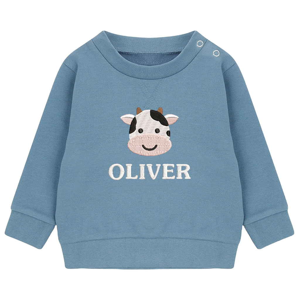 Embroidered Cow Personalised Name Sustainable Sweatshirt Baby & Toddler Custom Farmyard Barn Animals