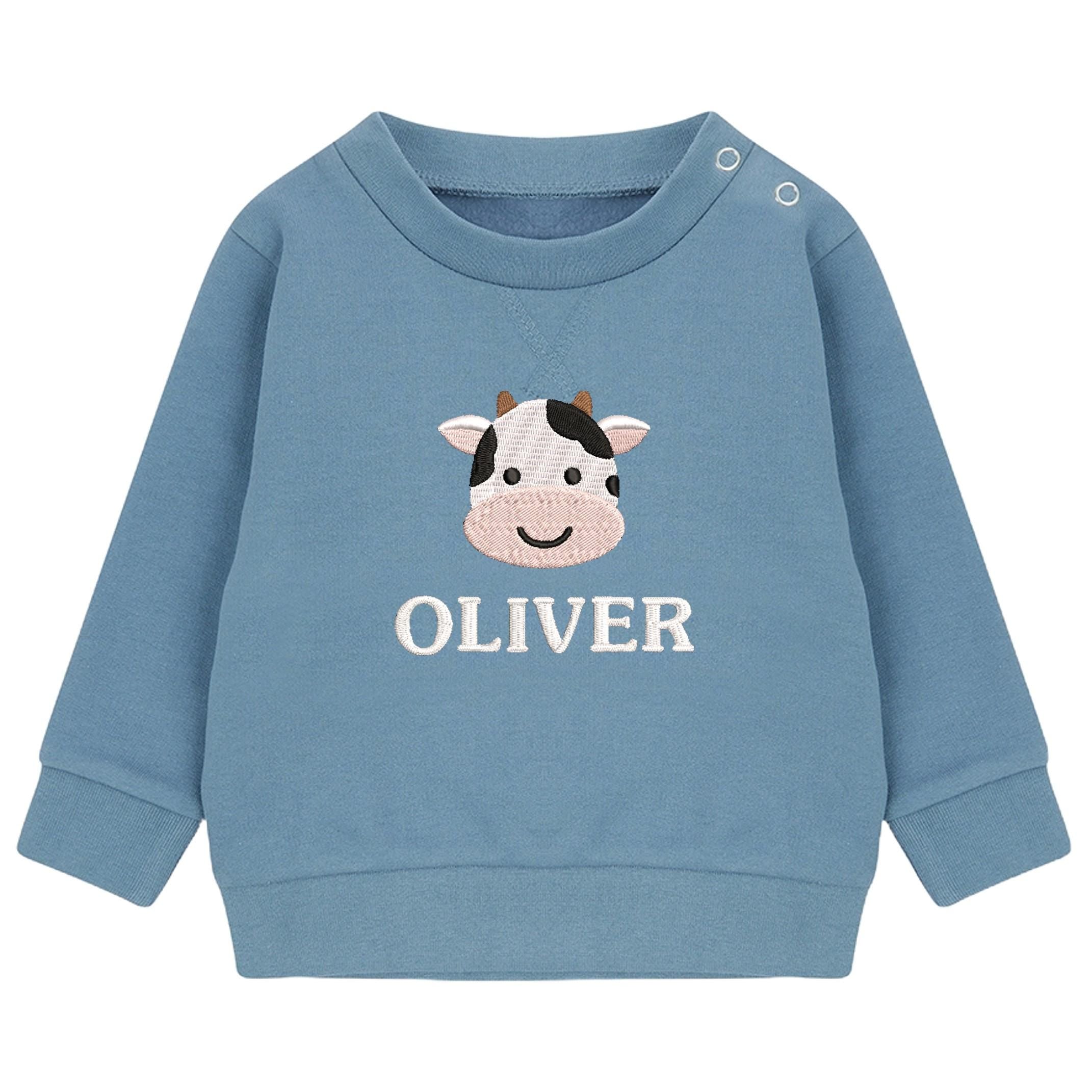 Embroidered Cow Personalised Name Sustainable Sweatshirt Baby & Toddler Custom Farmyard Barn Animals