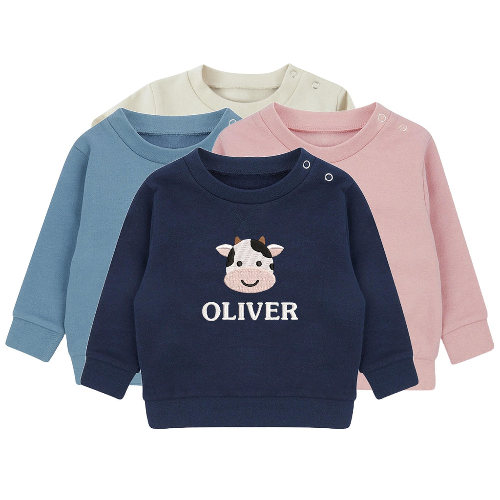 Embroidered Cow Personalised Name Sustainable Sweatshirt Baby & Toddler Custom Farmyard Barn Animals