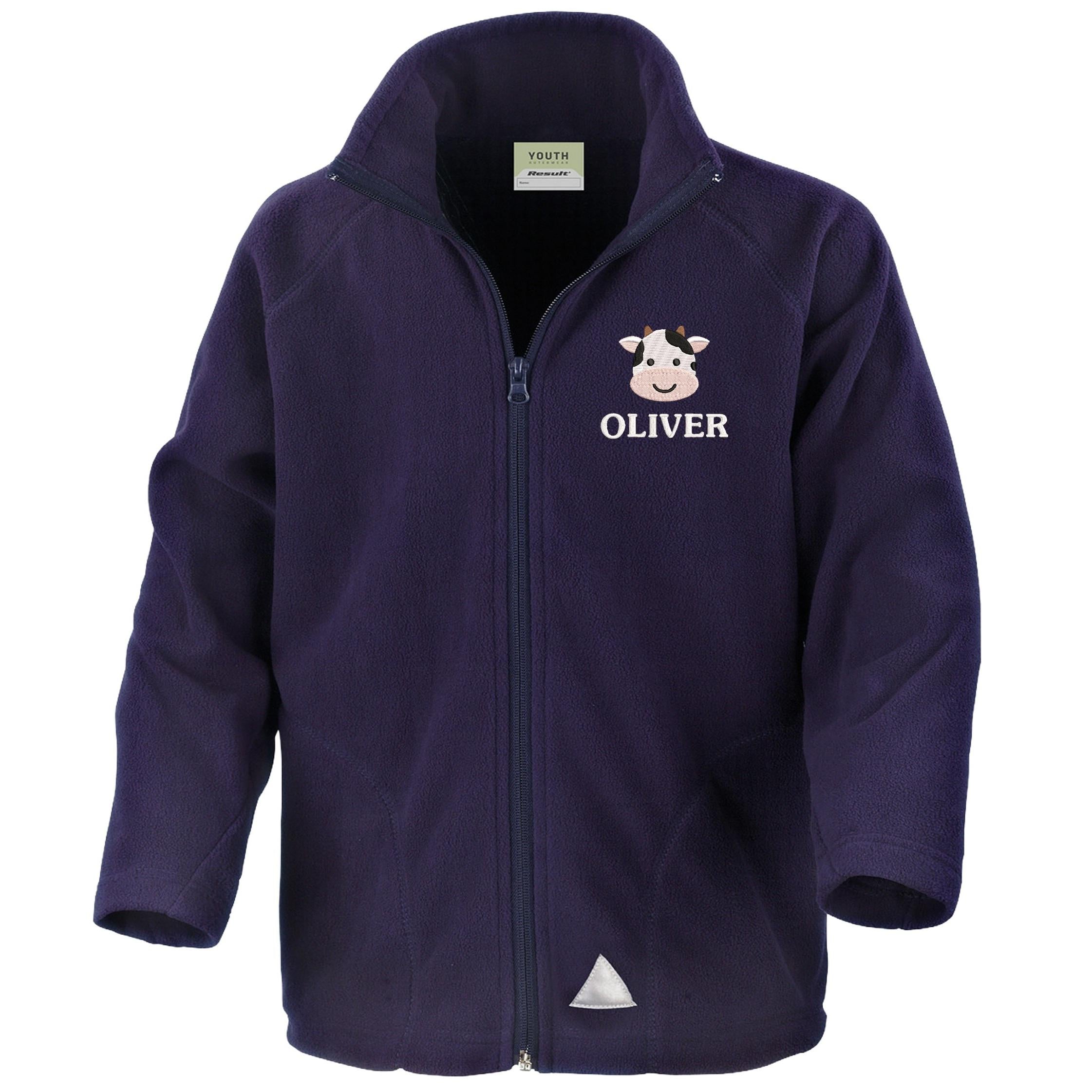 Embroidered Cow Personalised Name Kids Fleece Jacket Navy Custom Farm Animals Coat
