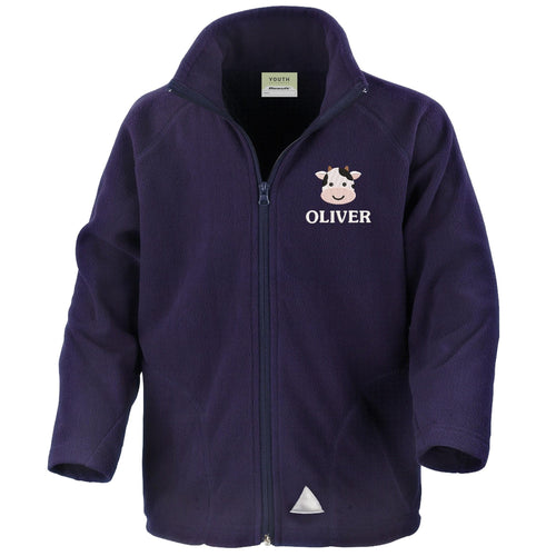 Embroidered Cow Personalised Name Kids Fleece Jacket Navy Custom Farm Animals Coat