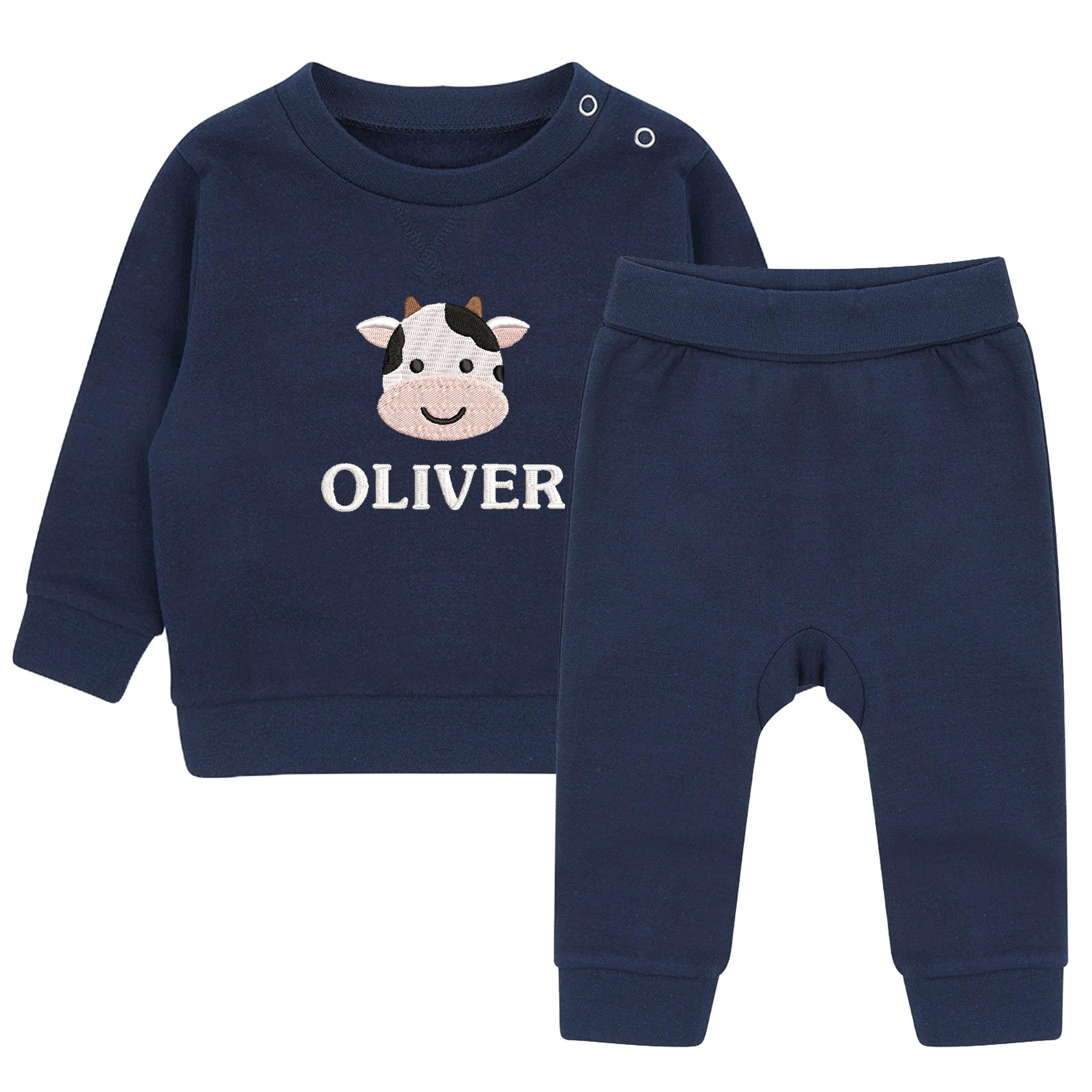 Embroidered Cow Personalised Name Boys Sustainable Sweatshirt and Joggers Set Baby & Toddler Farmyard Animal Outfit