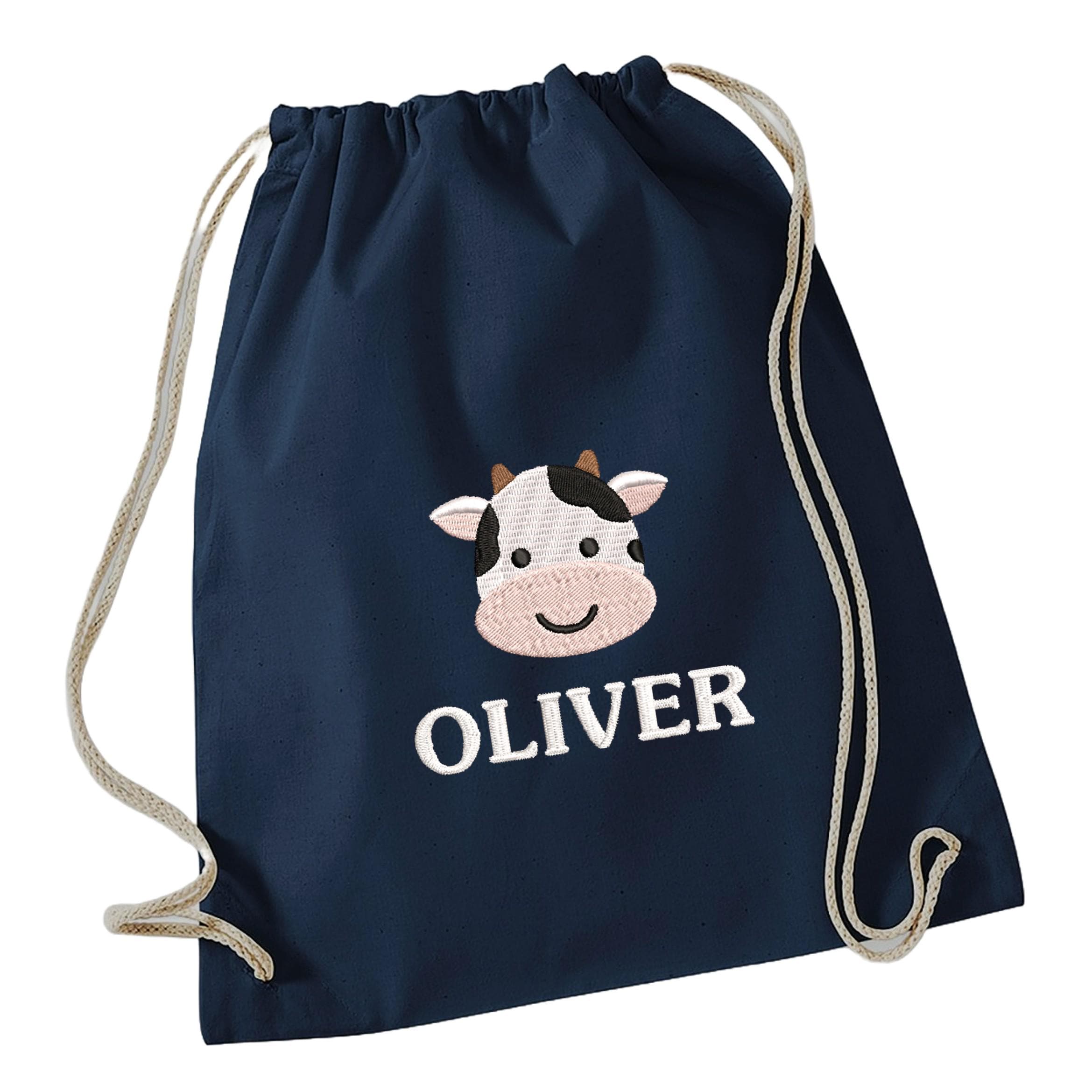 Embroidered Cow Personalised Name Cotton Gymsac Kids Custom School PE Bag Nursery Bag