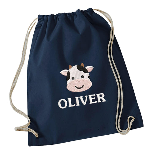 Embroidered Cow Personalised Name Cotton Gymsac Kids Custom School PE Bag Nursery Bag