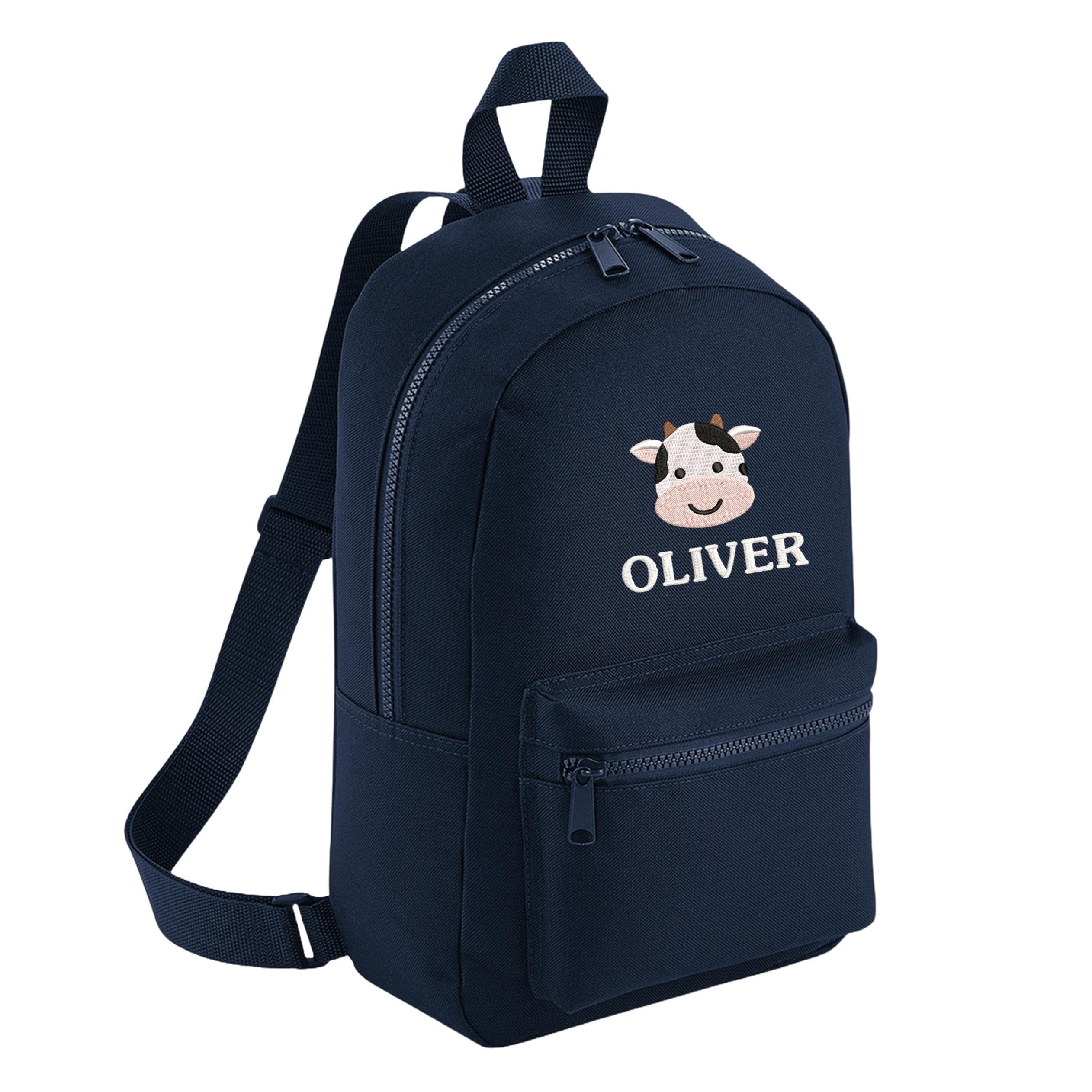 Embroidered Cow Personalised Name Backpack & Lunch Bag Set Kids Navy Custom School Rucksack Boys Nursery Bag