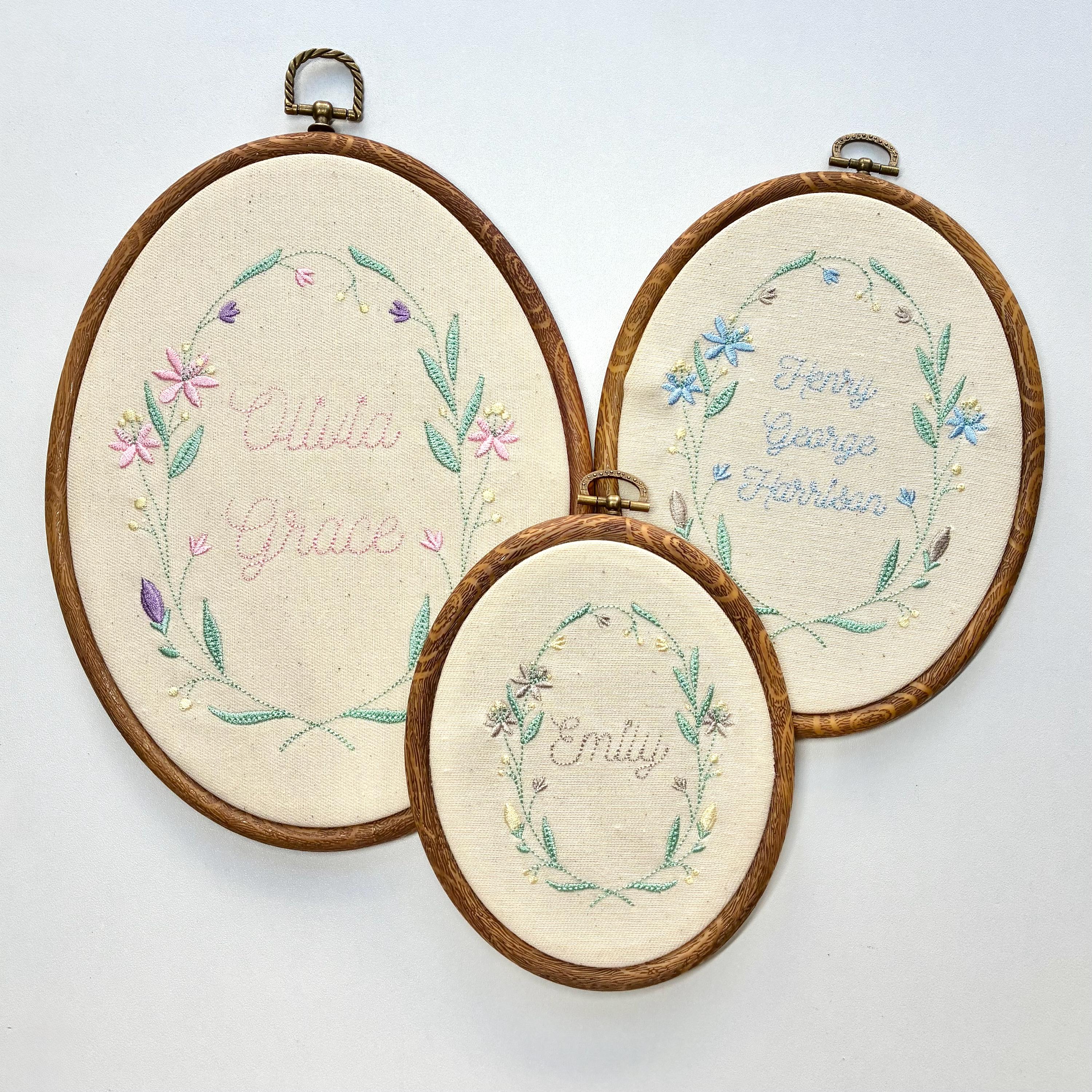 Personalised Floral Embroidery Hoop – Custom Name Embroidered Vintage Art Nursery Decor Baby Shower Birth Announcement Gift