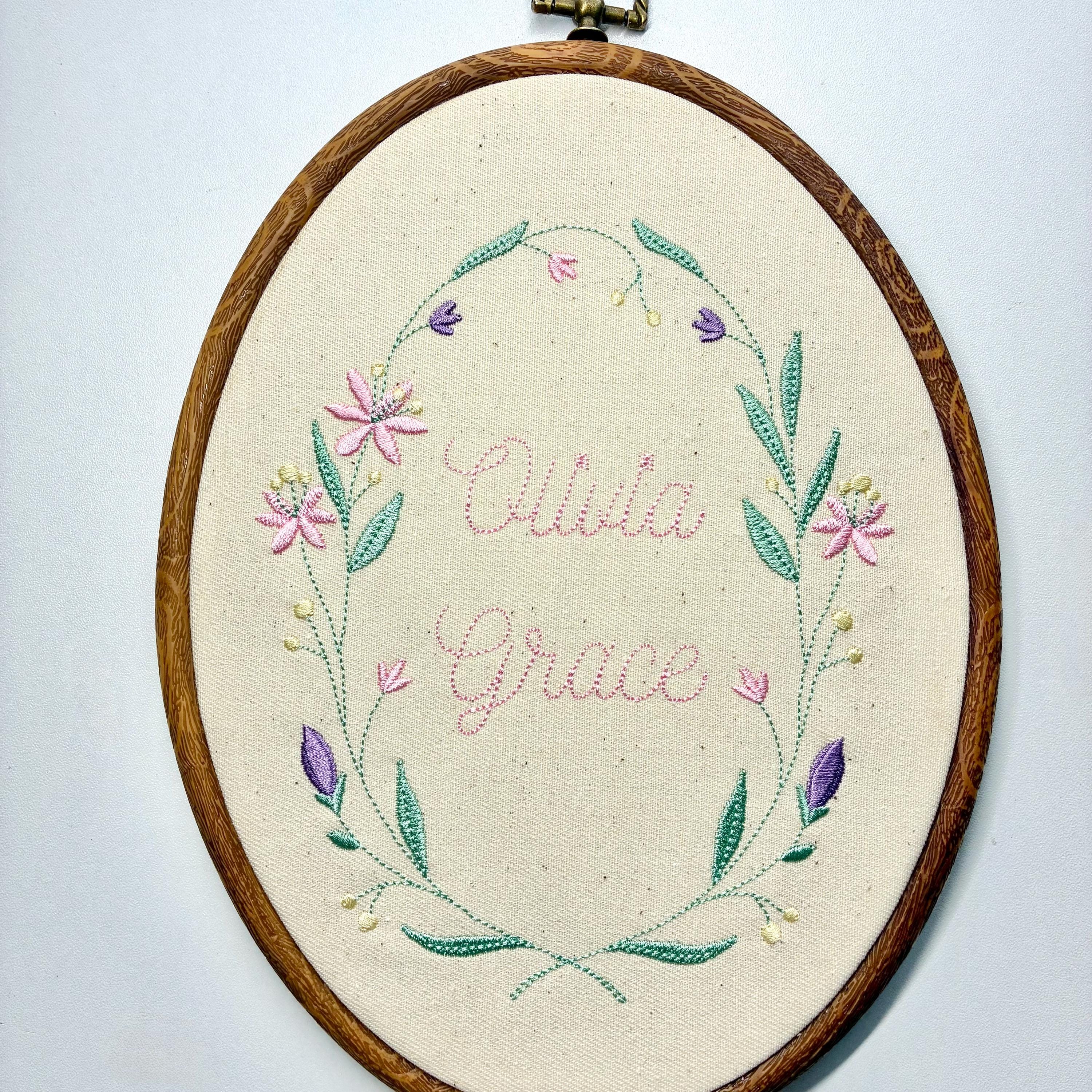 Personalised Floral Embroidery Hoop – Custom Name Embroidered Vintage Art Nursery Decor Baby Shower Birth Announcement Gift