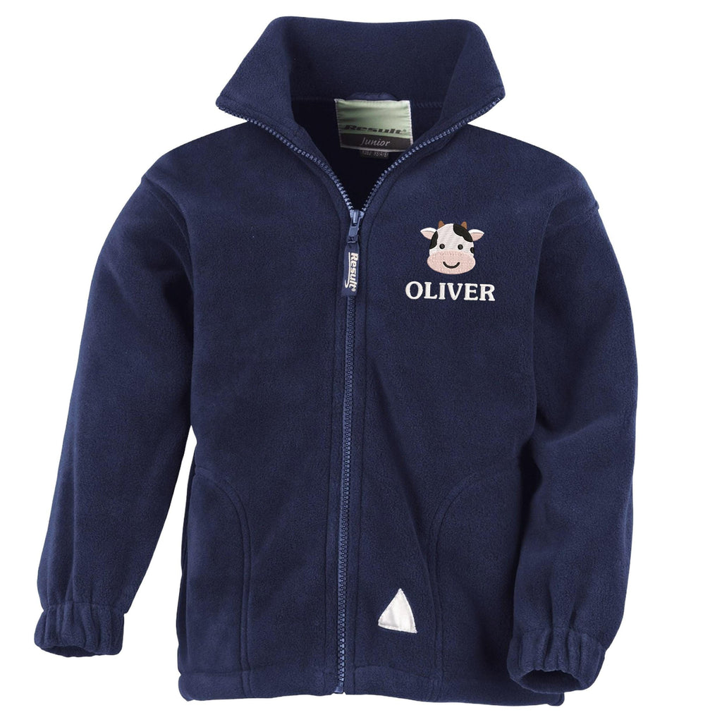 Embroidered Cow Personalised Name Kids Fleece Jacket Navy Custom Farm Animals Coat