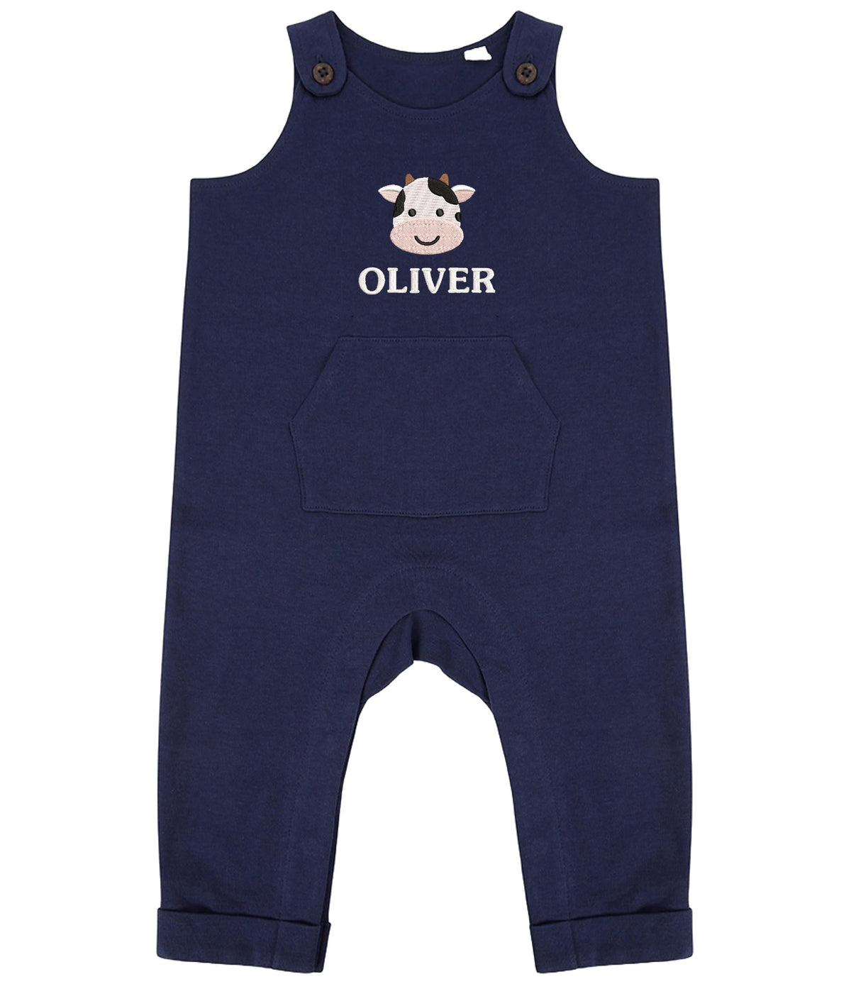 Embroidered Cow Personalised Name Baby & Toddler Organic Cotton Dungarees Custom Farmyard Barn Animals