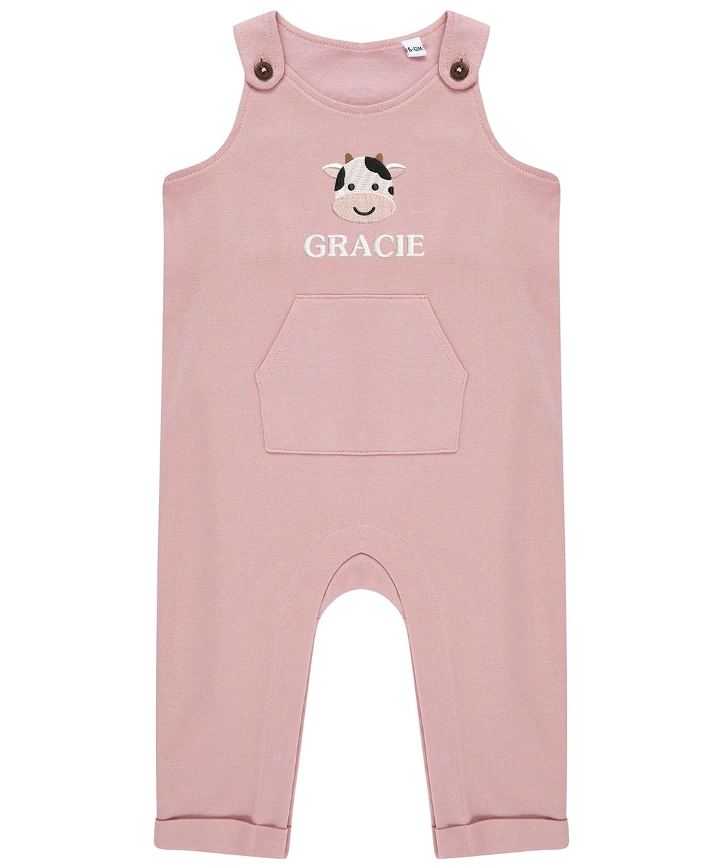 Embroidered Cow Personalised Name Baby & Toddler Organic Cotton Dungarees Custom Farmyard Barn Animals