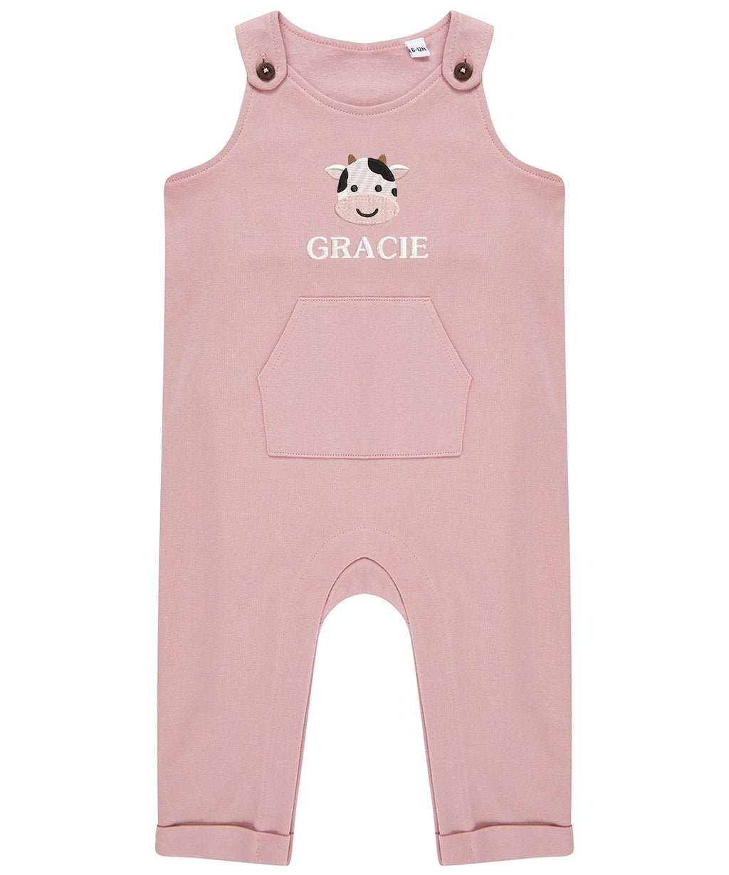 Embroidered Cow Personalised Name Baby & Toddler Organic Cotton Dungarees Custom Farmyard Barn Animals