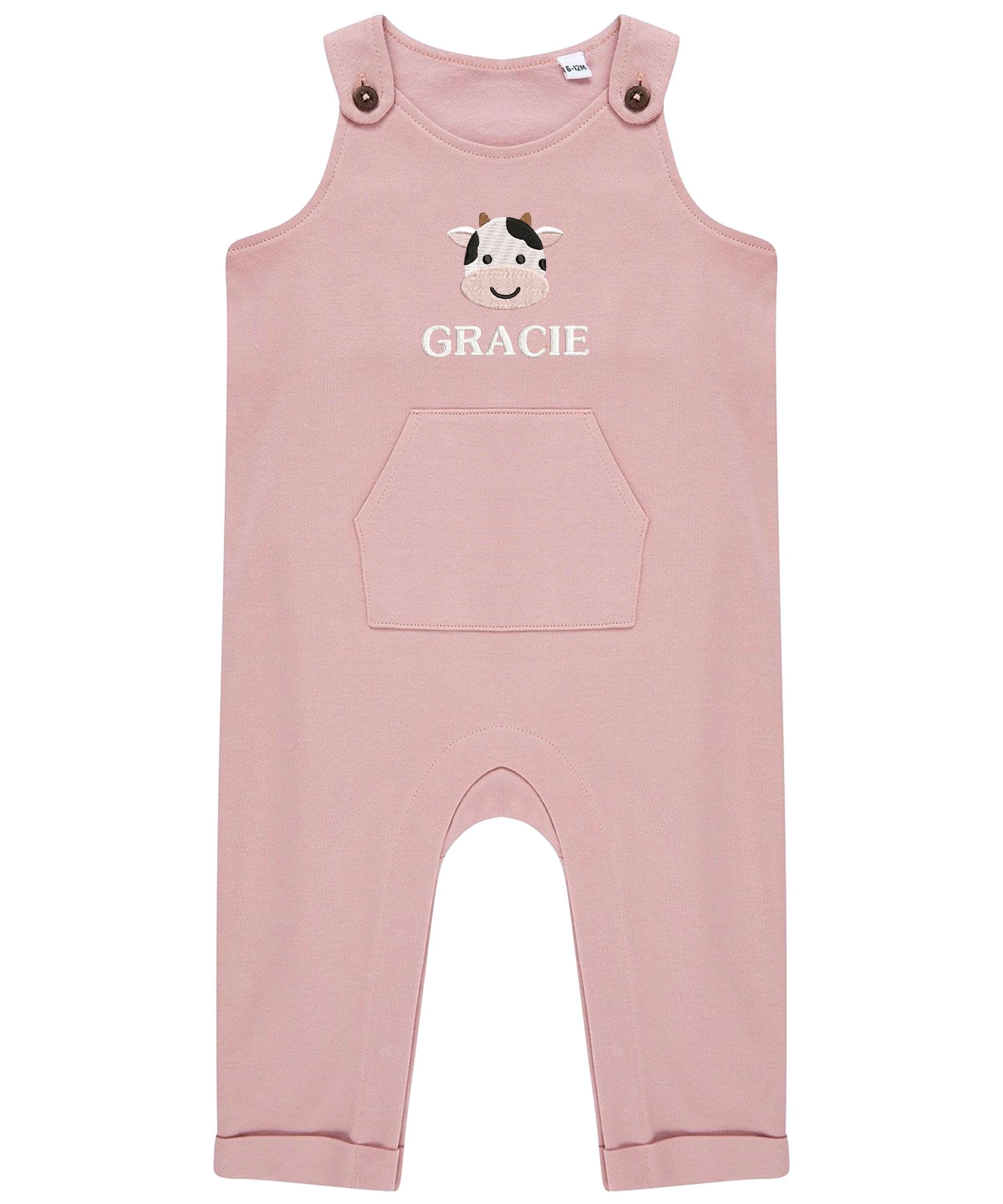 Embroidered Cow Personalised Name Baby & Toddler Organic Cotton Dungarees Custom Farmyard Barn Animals