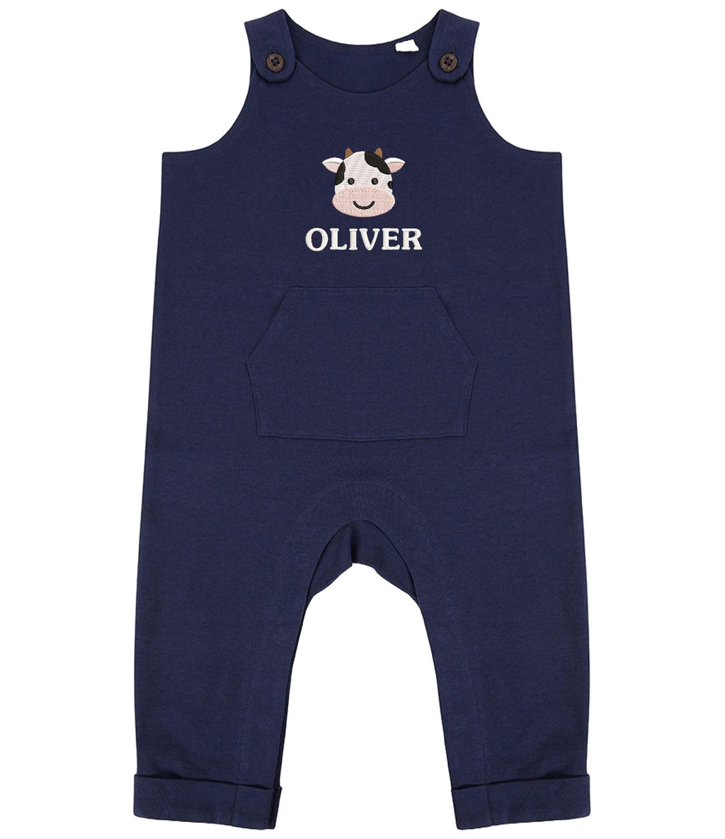 Embroidered Cow Personalised Name Baby & Toddler Organic Cotton Dungarees Custom Farmyard Barn Animals