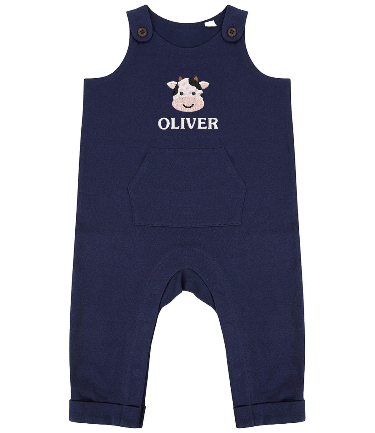 Embroidered Cow Personalised Name Baby & Toddler Organic Cotton Dungarees Custom Farmyard Barn Animals