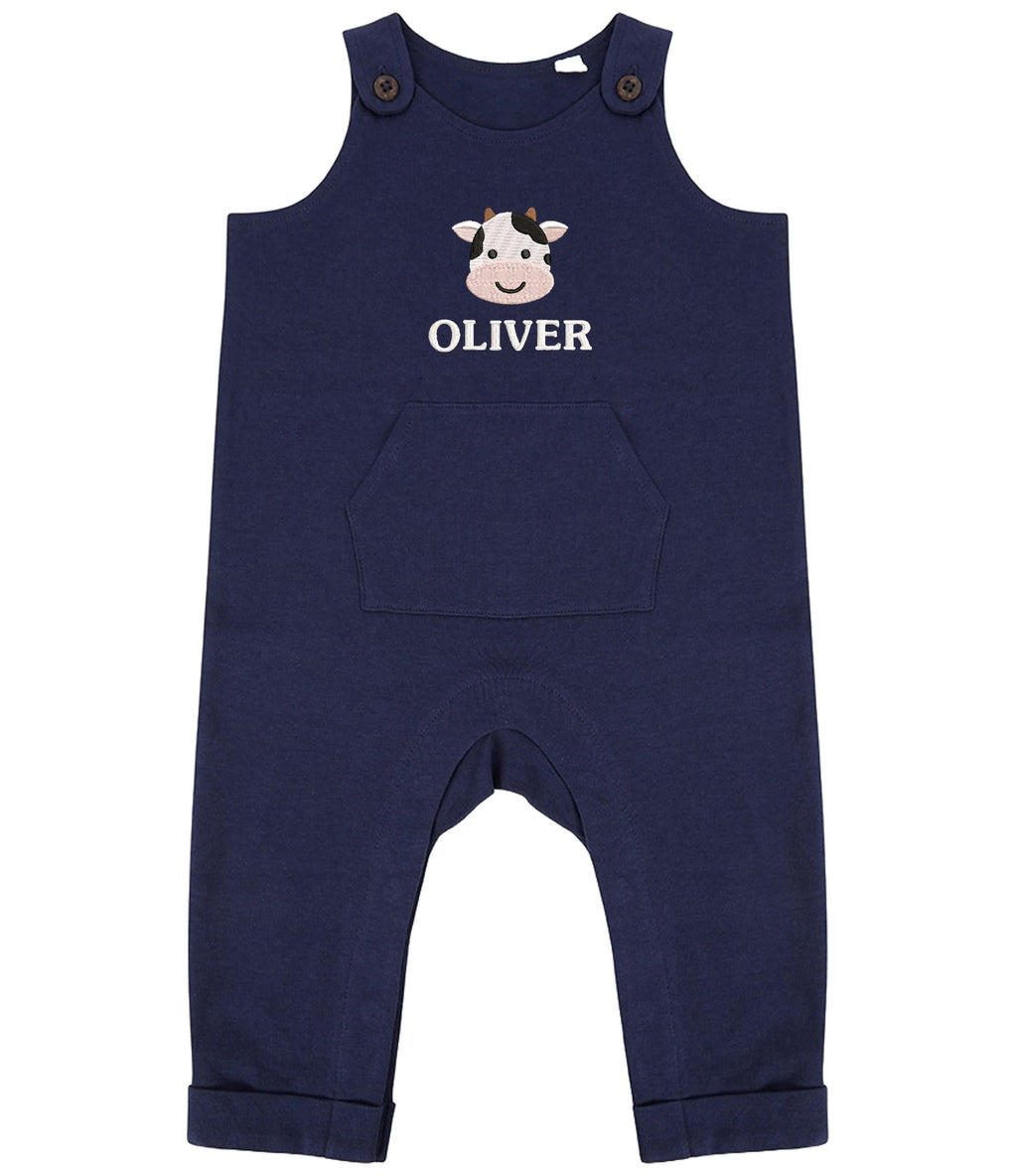 Embroidered Cow Personalised Name Baby & Toddler Organic Cotton Dungarees Custom Farmyard Barn Animals