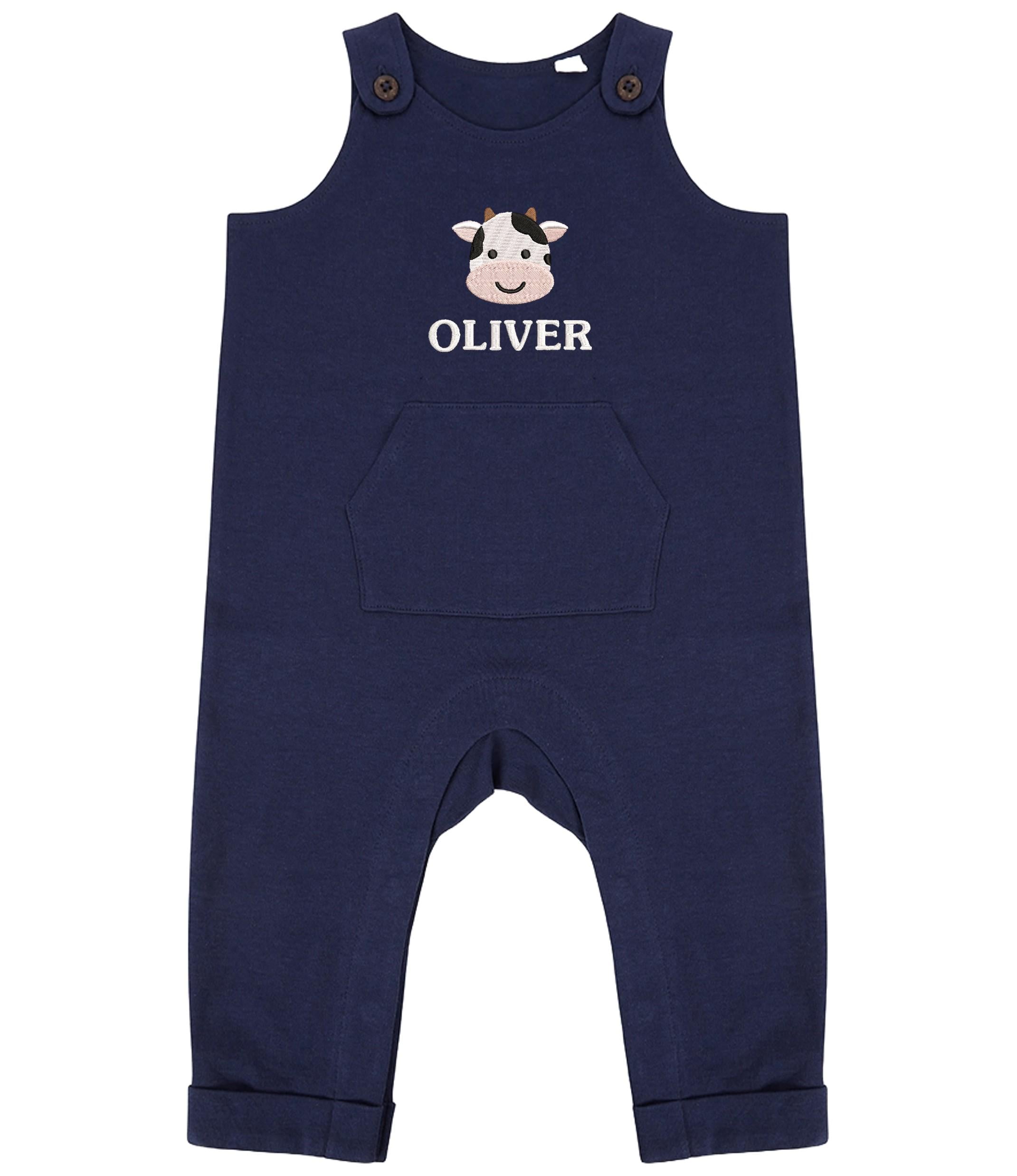 Embroidered Cow Personalised Name Baby & Toddler Organic Cotton Dungarees Custom Farmyard Barn Animals