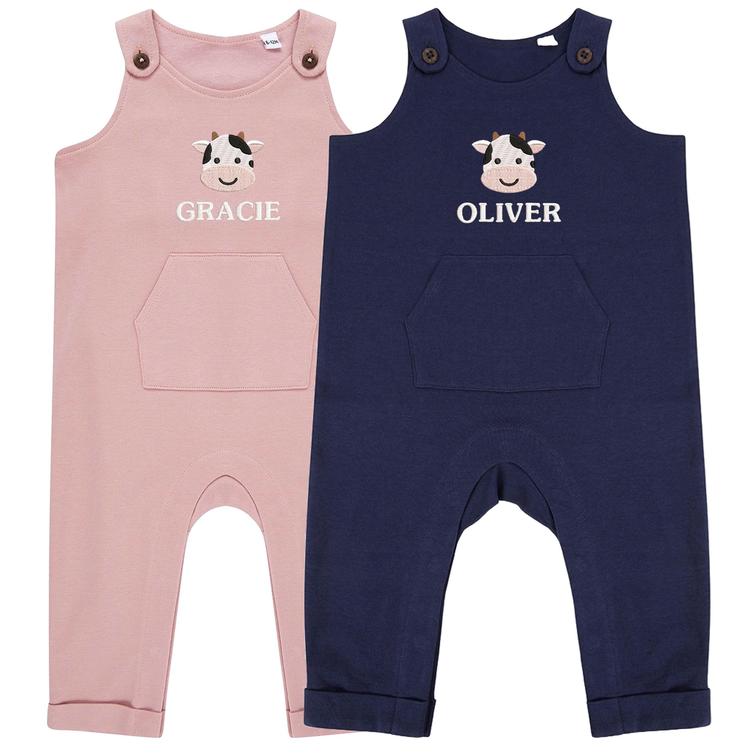 Embroidered Cow Personalised Name Baby & Toddler Organic Cotton Dungarees Custom Farmyard Barn Animals