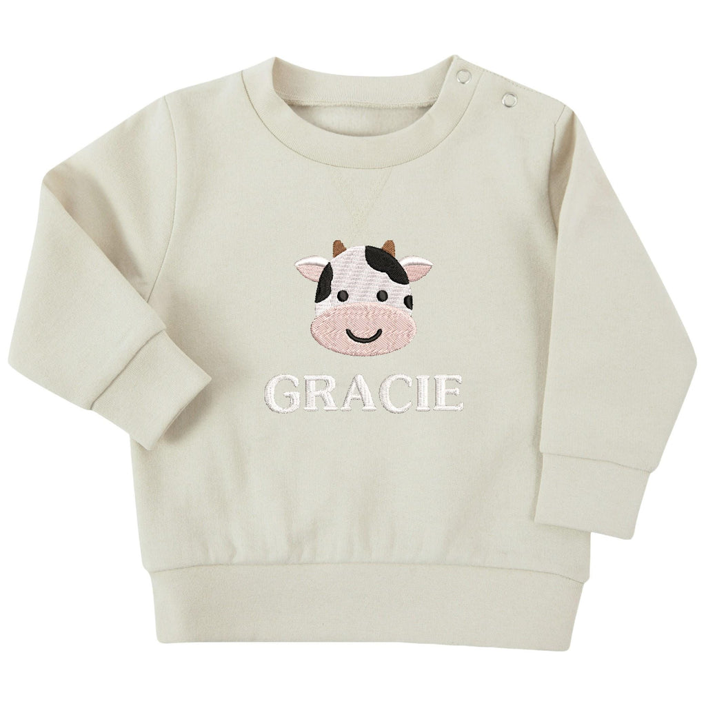 Embroidered Cow Personalised Name Sustainable Sweatshirt Baby & Toddler Custom Farmyard Barn Animals