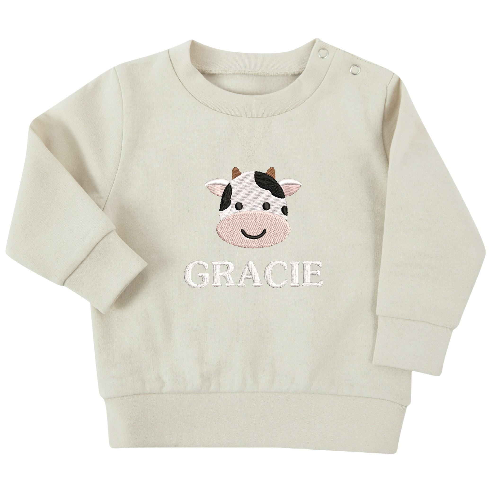 Embroidered Cow Personalised Name Sustainable Sweatshirt Baby & Toddler Custom Farmyard Barn Animals