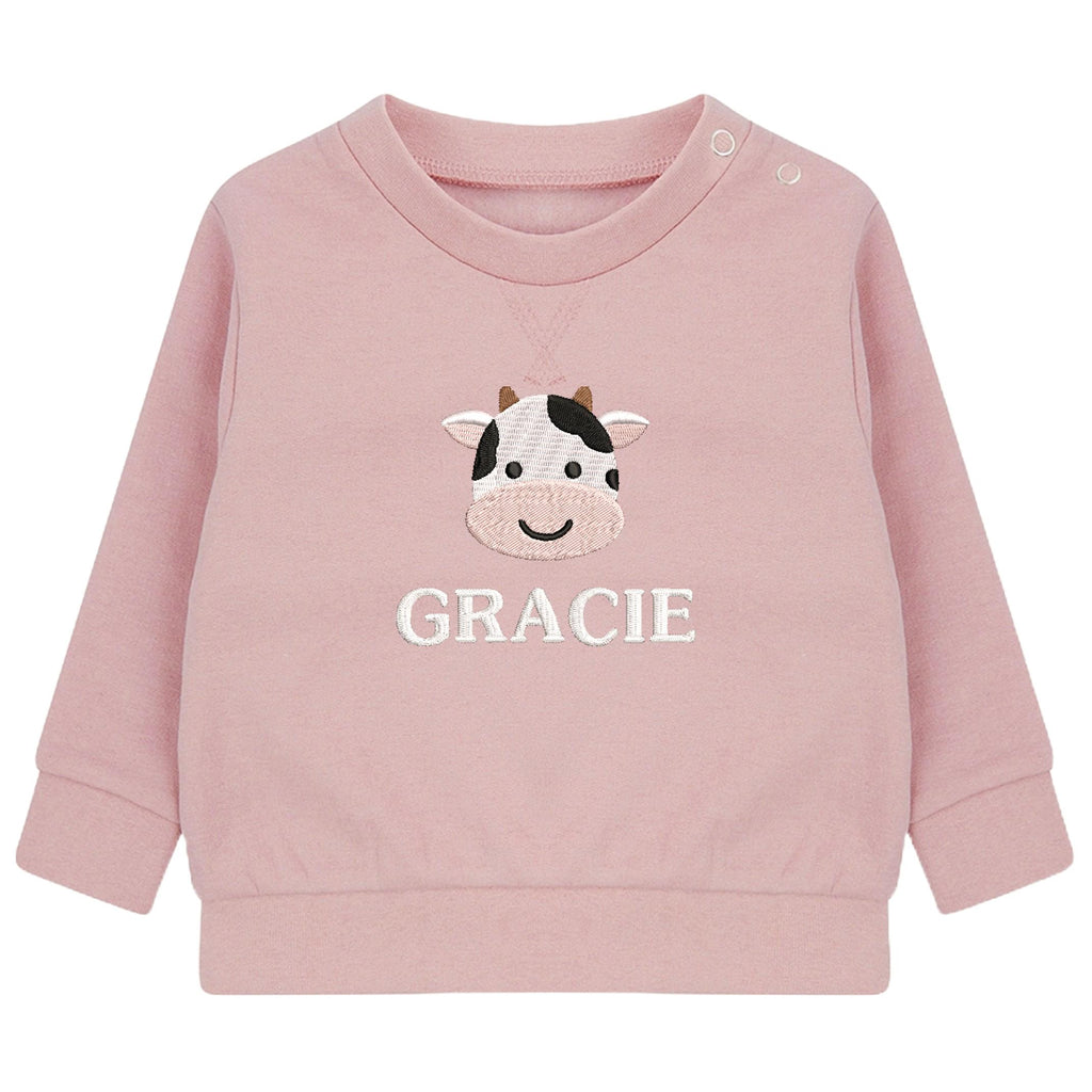 Embroidered Cow Personalised Name Sustainable Sweatshirt Baby & Toddler Custom Farmyard Barn Animals