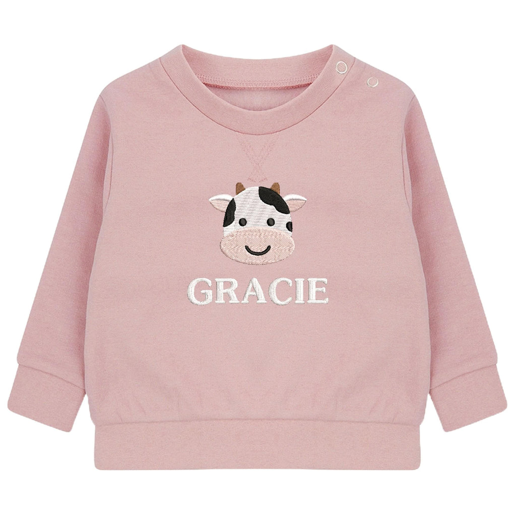 Embroidered Cow Personalised Name Sustainable Sweatshirt Baby & Toddler Custom Farmyard Barn Animals