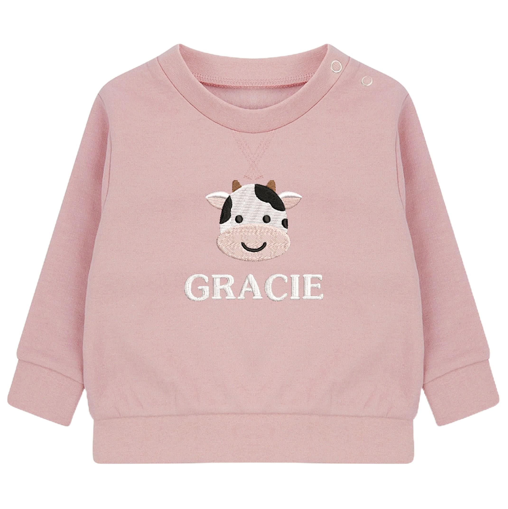 Embroidered Cow Personalised Name Sustainable Sweatshirt Baby & Toddler Custom Farmyard Barn Animals