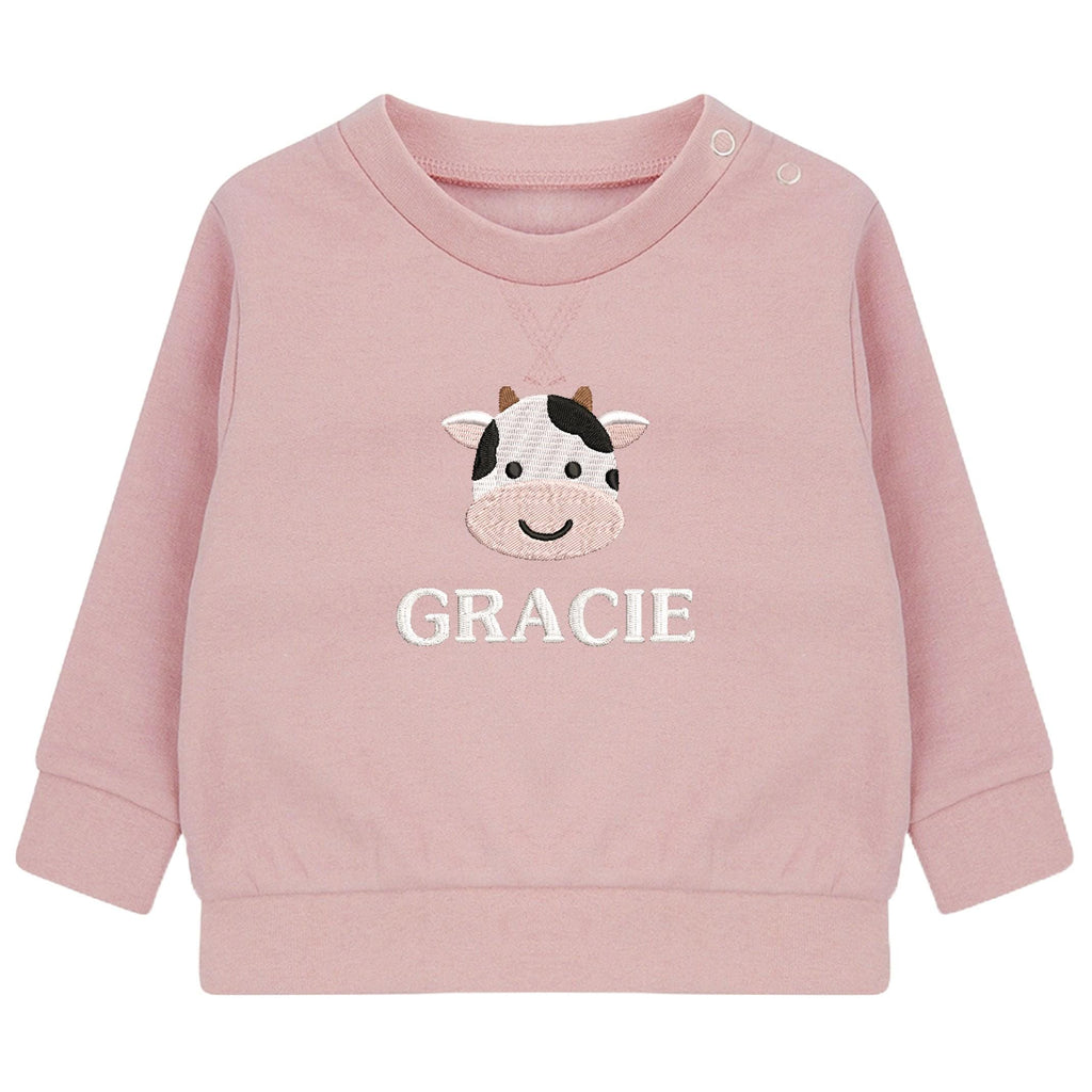 Embroidered Cow Personalised Name Sustainable Sweatshirt Baby & Toddler Custom Farmyard Barn Animals