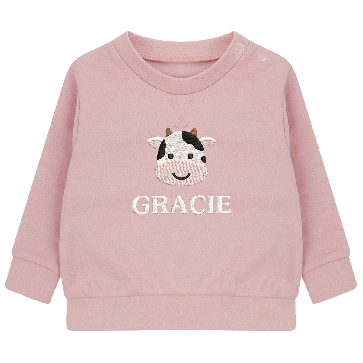 Embroidered Cow Personalised Name Sustainable Sweatshirt Baby & Toddler Custom Farmyard Barn Animals