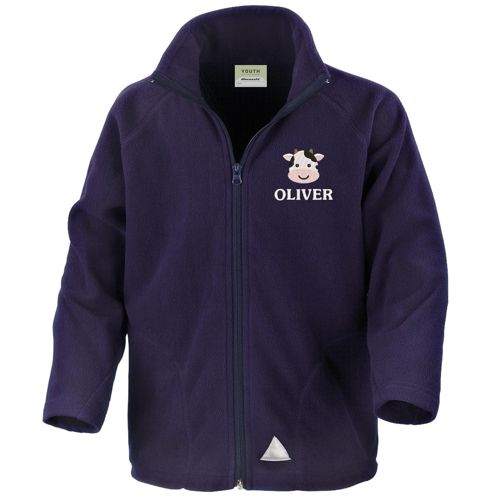 Embroidered Cow Personalised Name Kids Fleece Jacket Navy Custom Farm Animals Coat