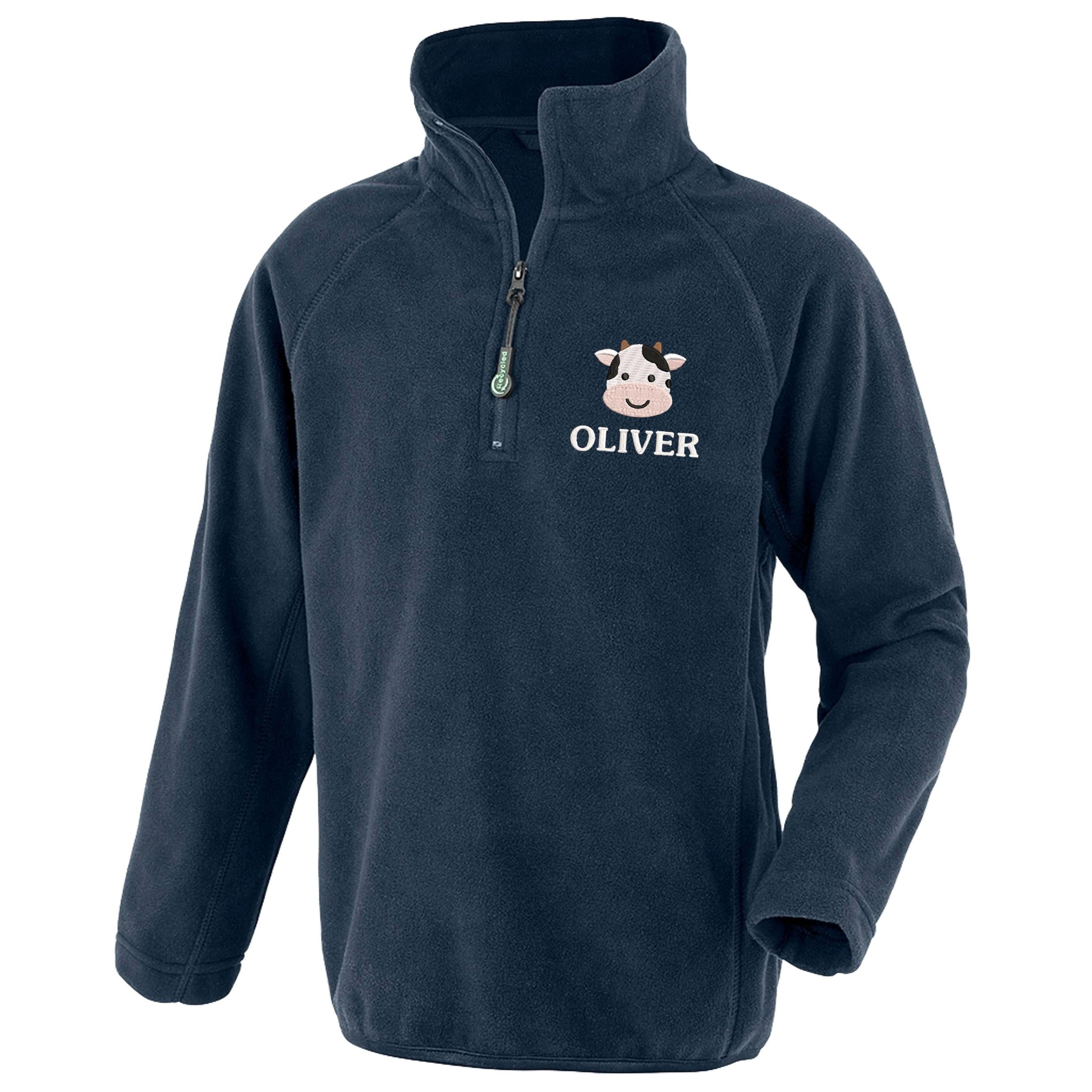 Embroidered Cow Personalised Name Kids Recycled Fleece Top Jacket Navy Custom Farm Animals Coat