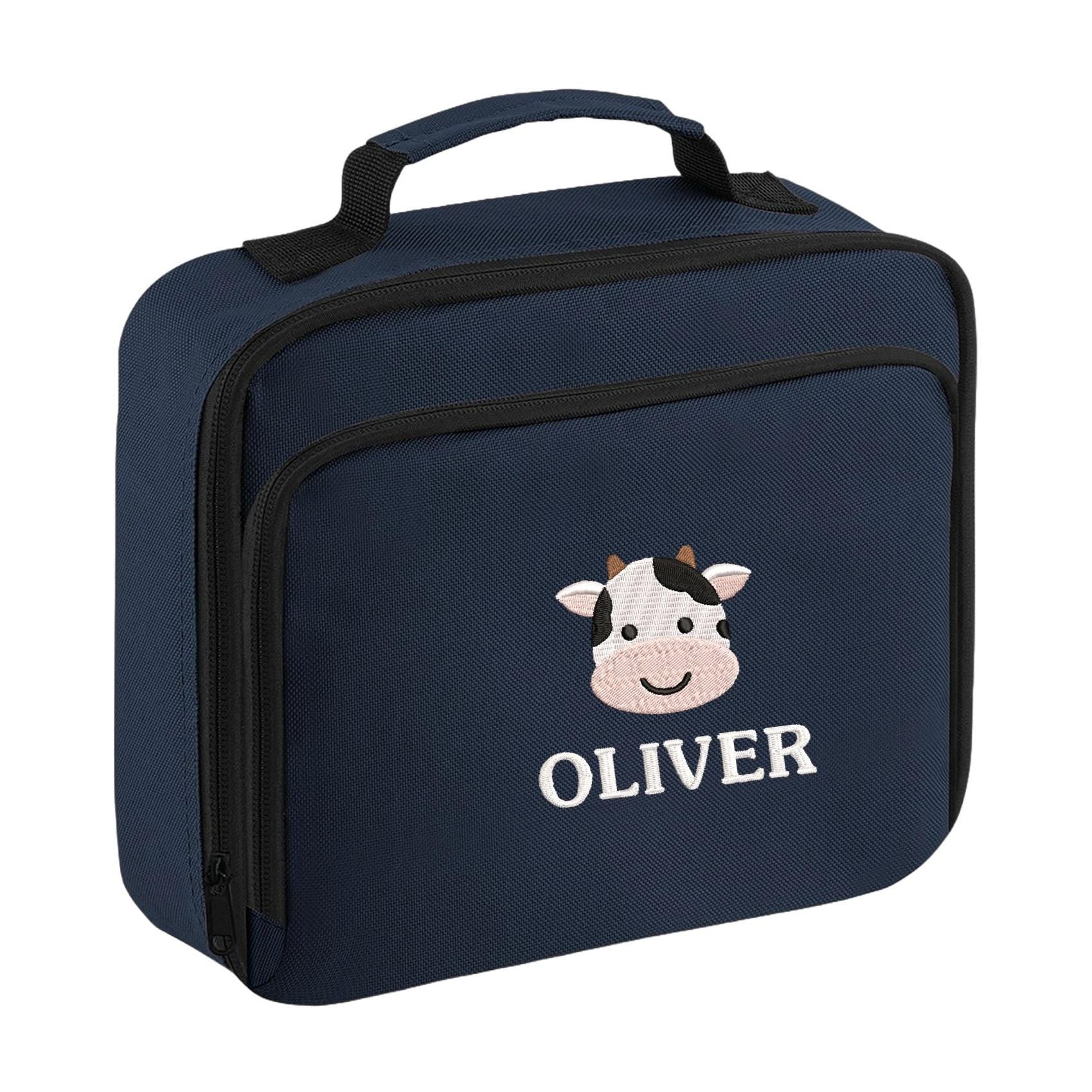 Embroidered Cow Personalised Name Lunch Cool Bag Box Kids Custom Text School Boys Nursery