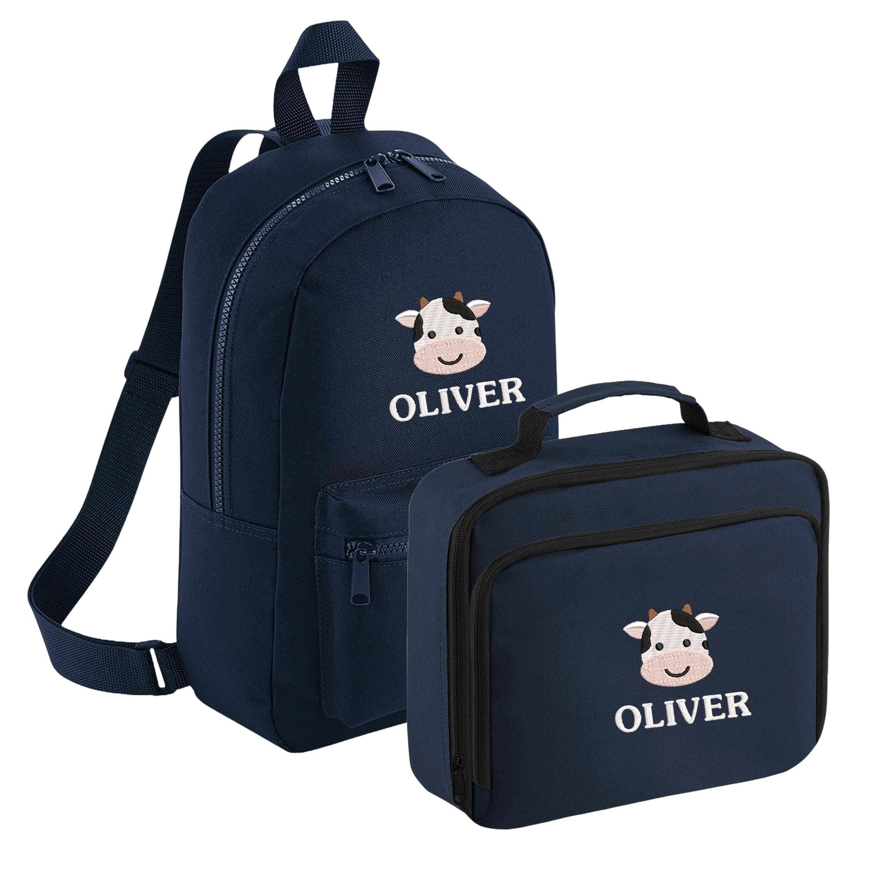 Embroidered Cow Personalised Name Backpack & Lunch Bag Set Kids Navy Custom School Rucksack Boys Nursery Bag