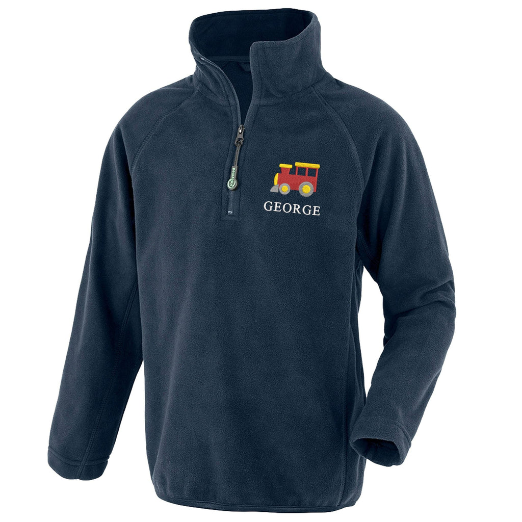 Embroidered Train Personalised Name Boys Recycled Fleece Top Navy Kids Custom Text Coat