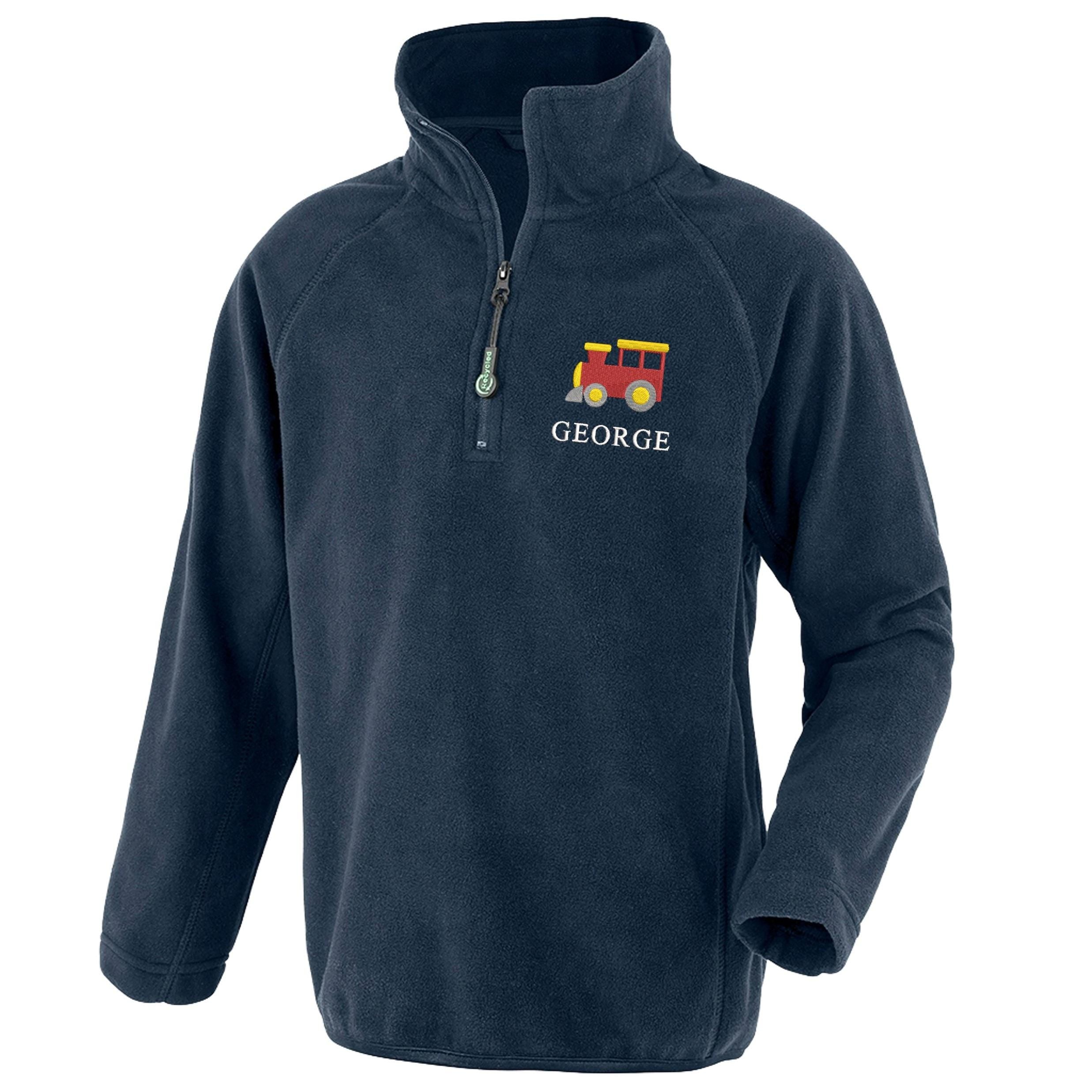 Embroidered Train Personalised Name Boys Recycled Fleece Top Navy Kids Custom Text Coat