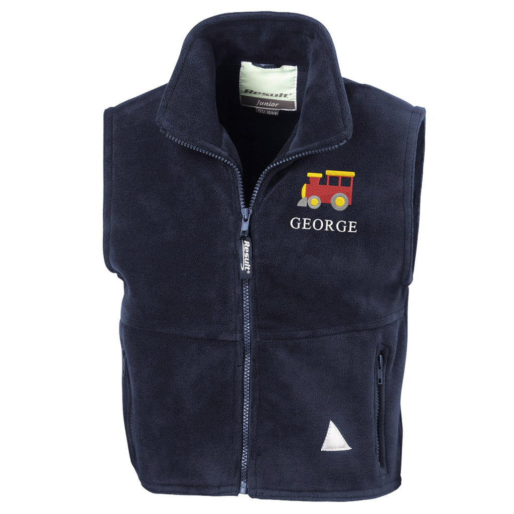 Embroidered Train Personalised Name Boys Fleece Bodywarmer Navy Kids Custom Text Jacket Coat