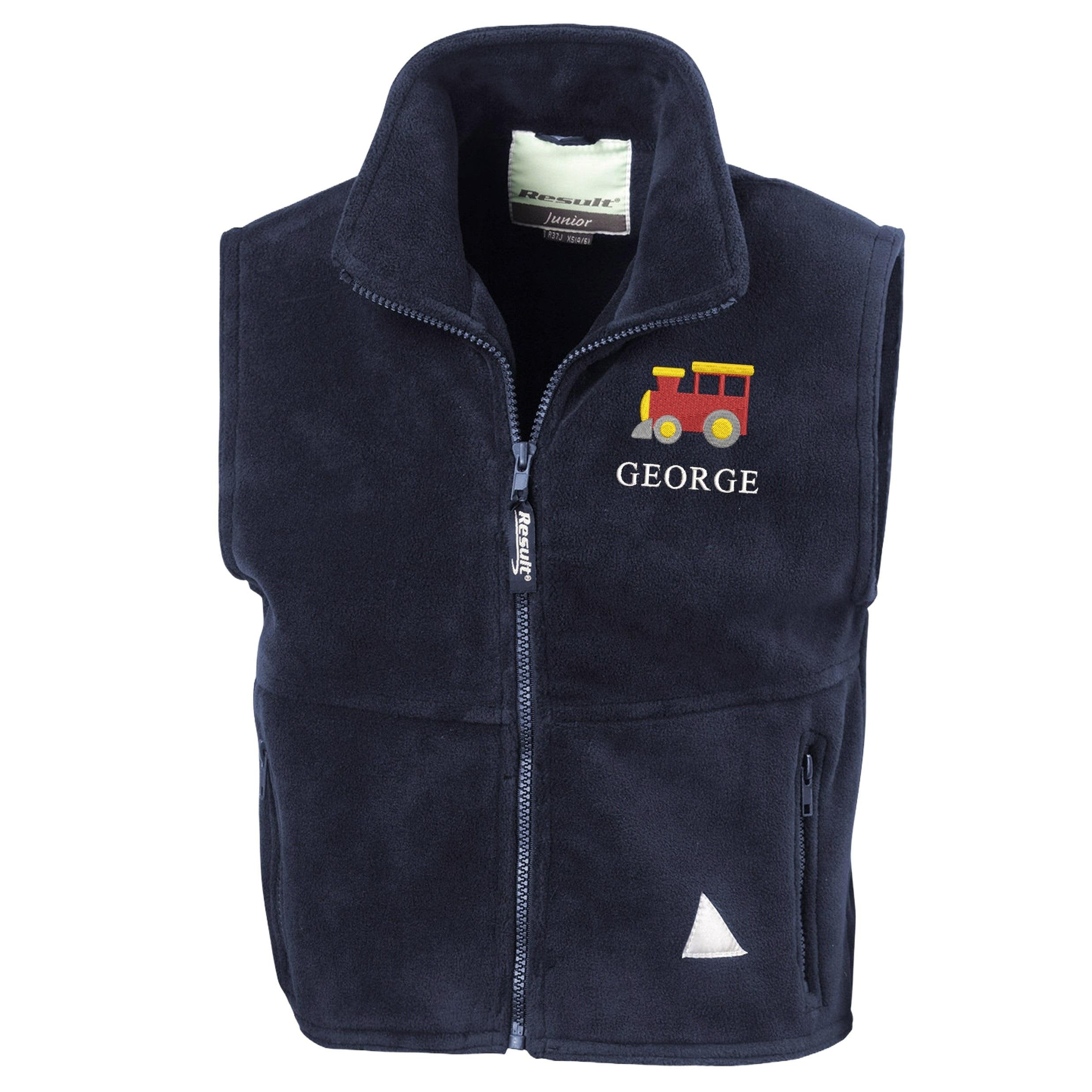 Embroidered Train Personalised Name Boys Fleece Bodywarmer Navy Kids Custom Text Jacket Coat
