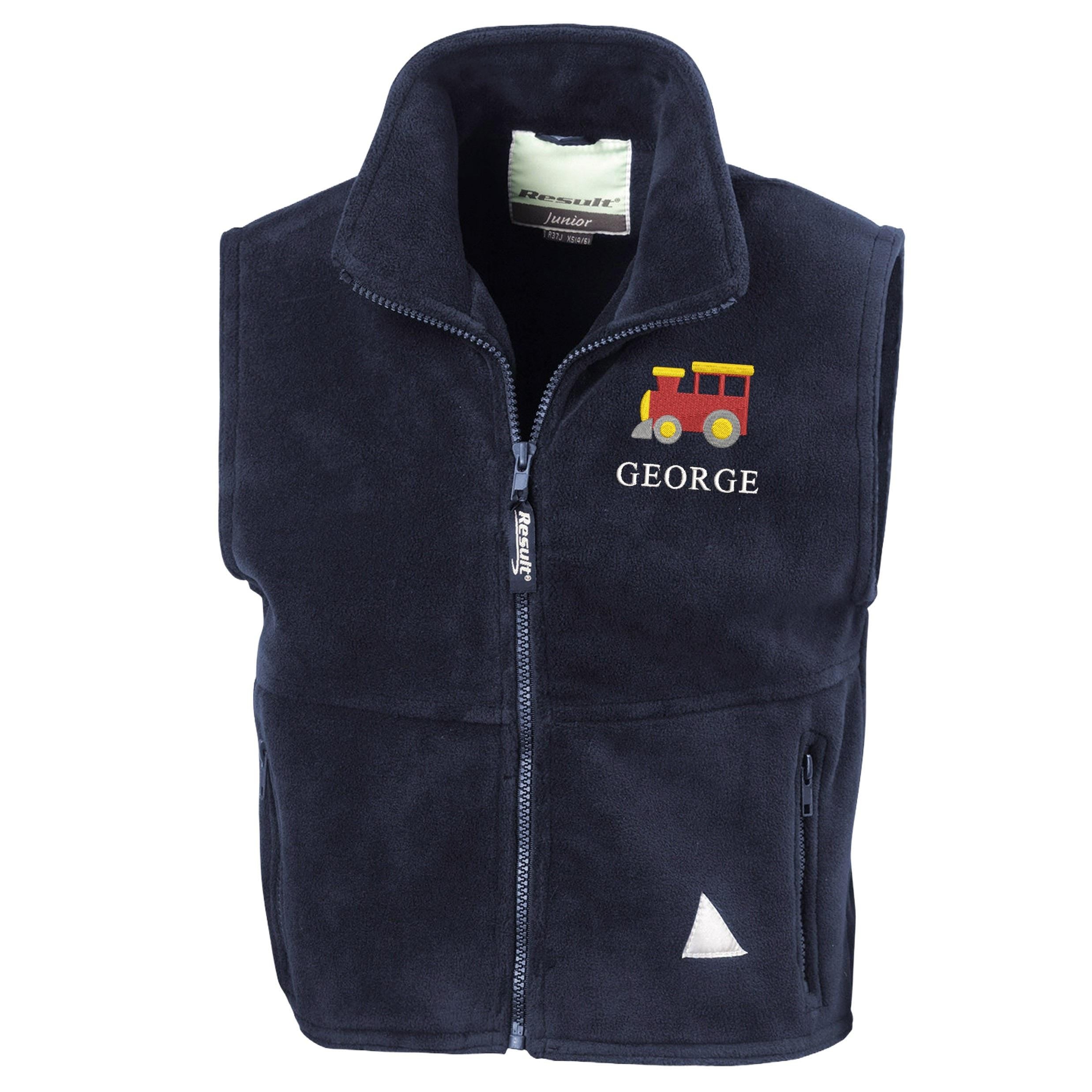 Embroidered Train Personalised Name Boys Fleece Bodywarmer Navy Kids Custom Text Jacket Coat