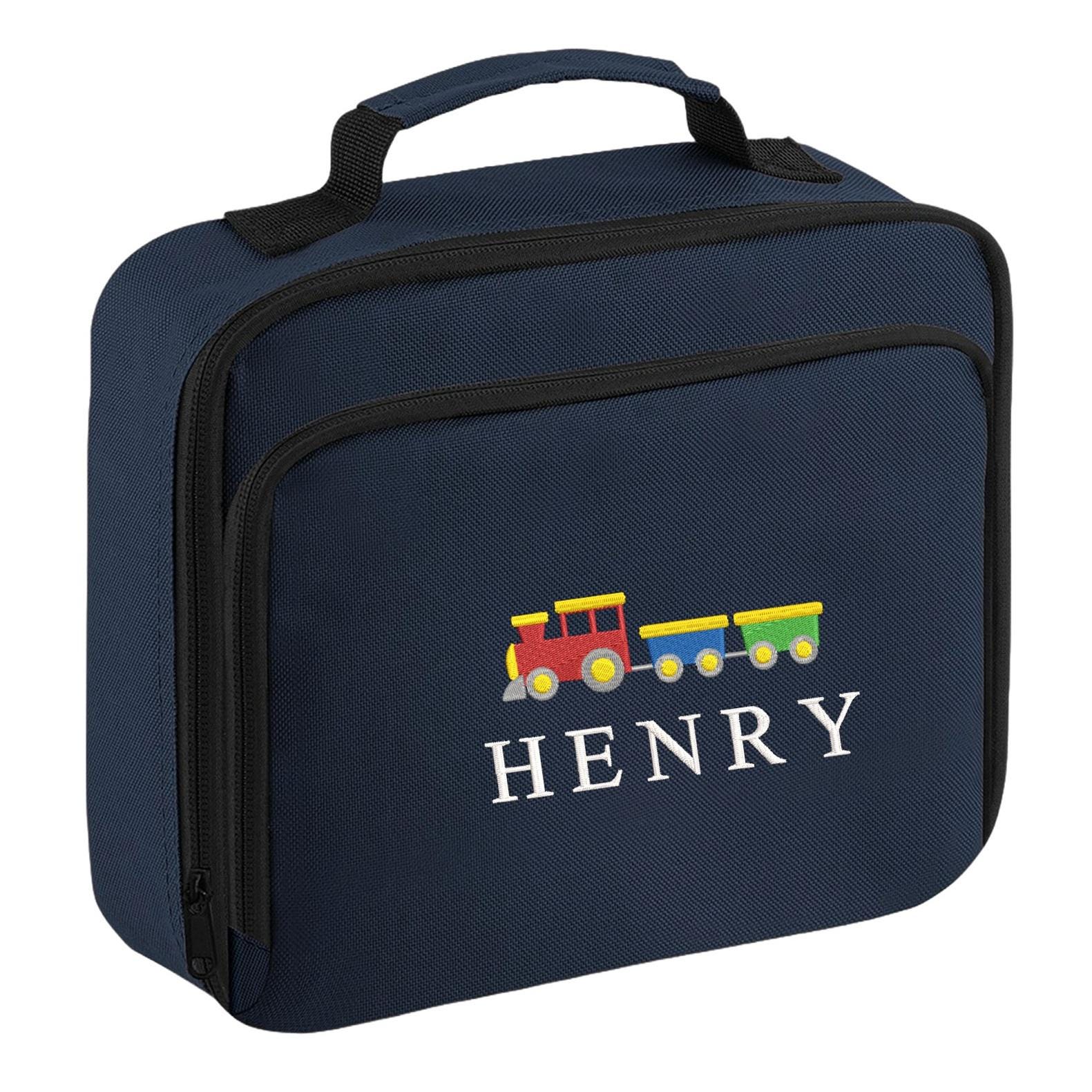 Embroidered Boys Personalised Train Name Lunch Cool Bag Box Custom Text School Nursery