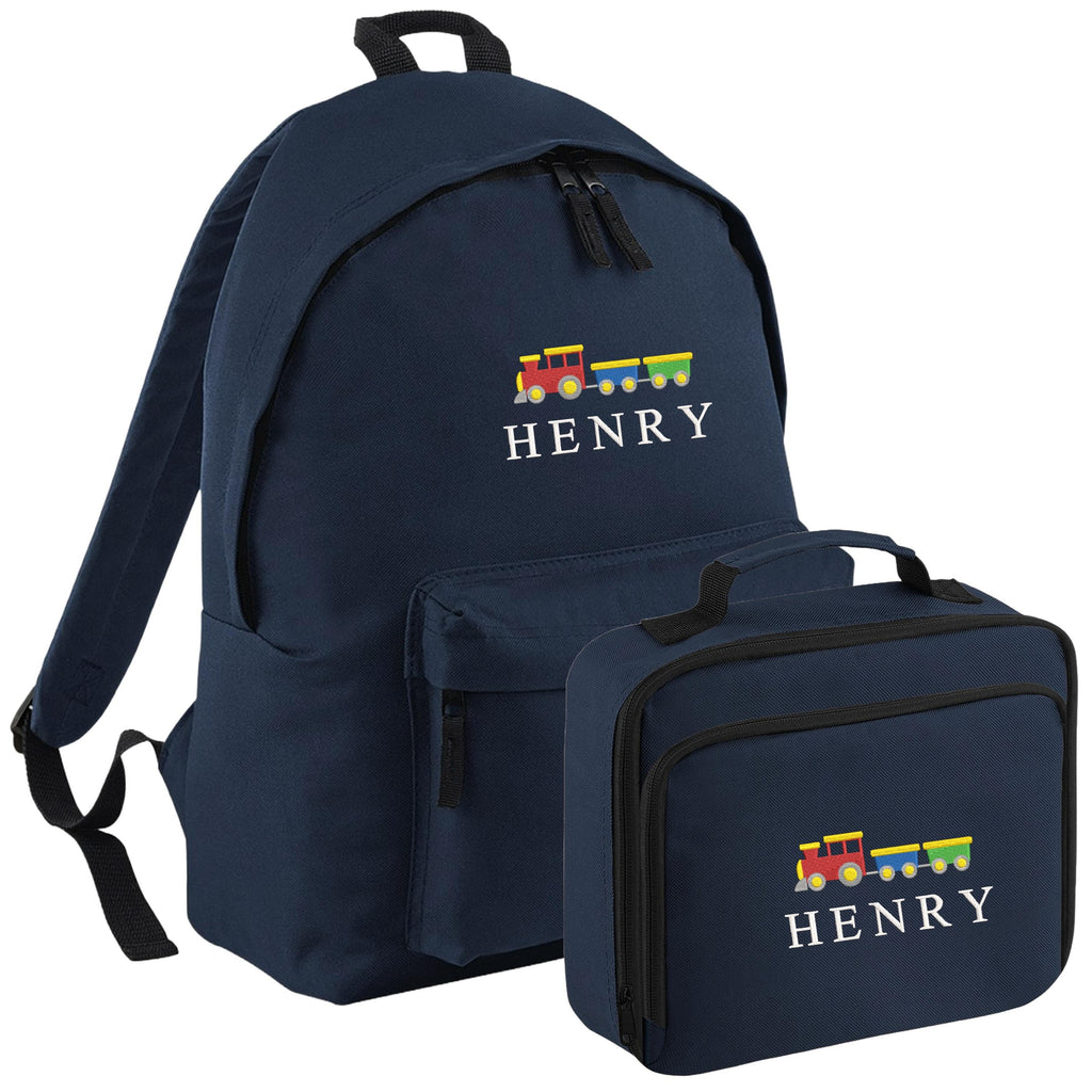 Embroidered Train Kids Personalised Name Backpack & Lunch Bag Set Boys Navy Custom School Rucksack Nursery Bag