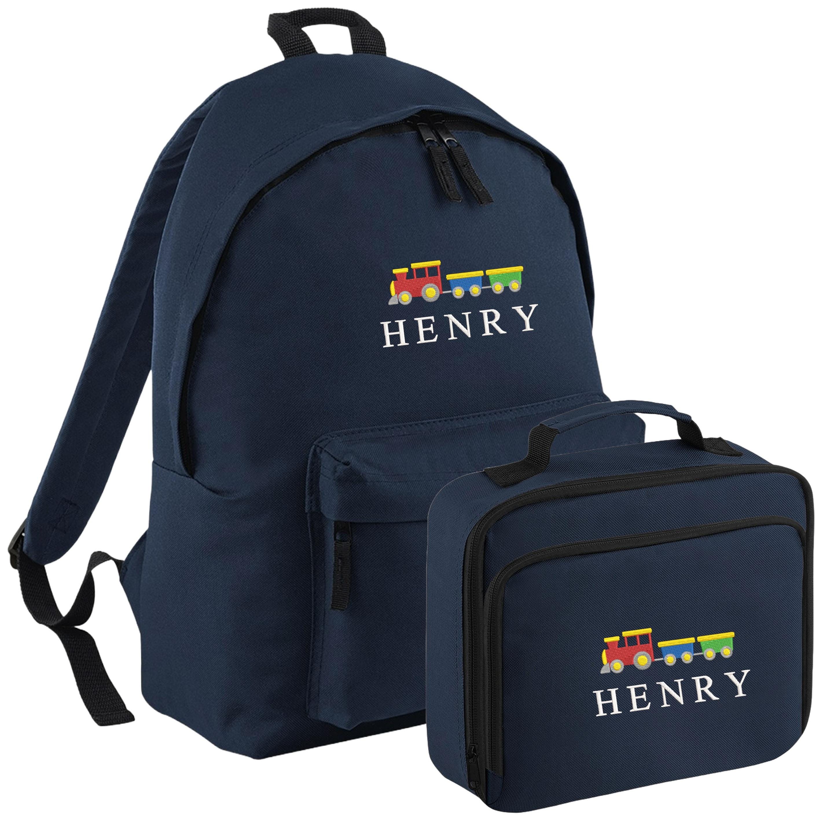 Embroidered Train Kids Personalised Name Backpack & Lunch Bag Set Boys Navy Custom School Rucksack Nursery Bag