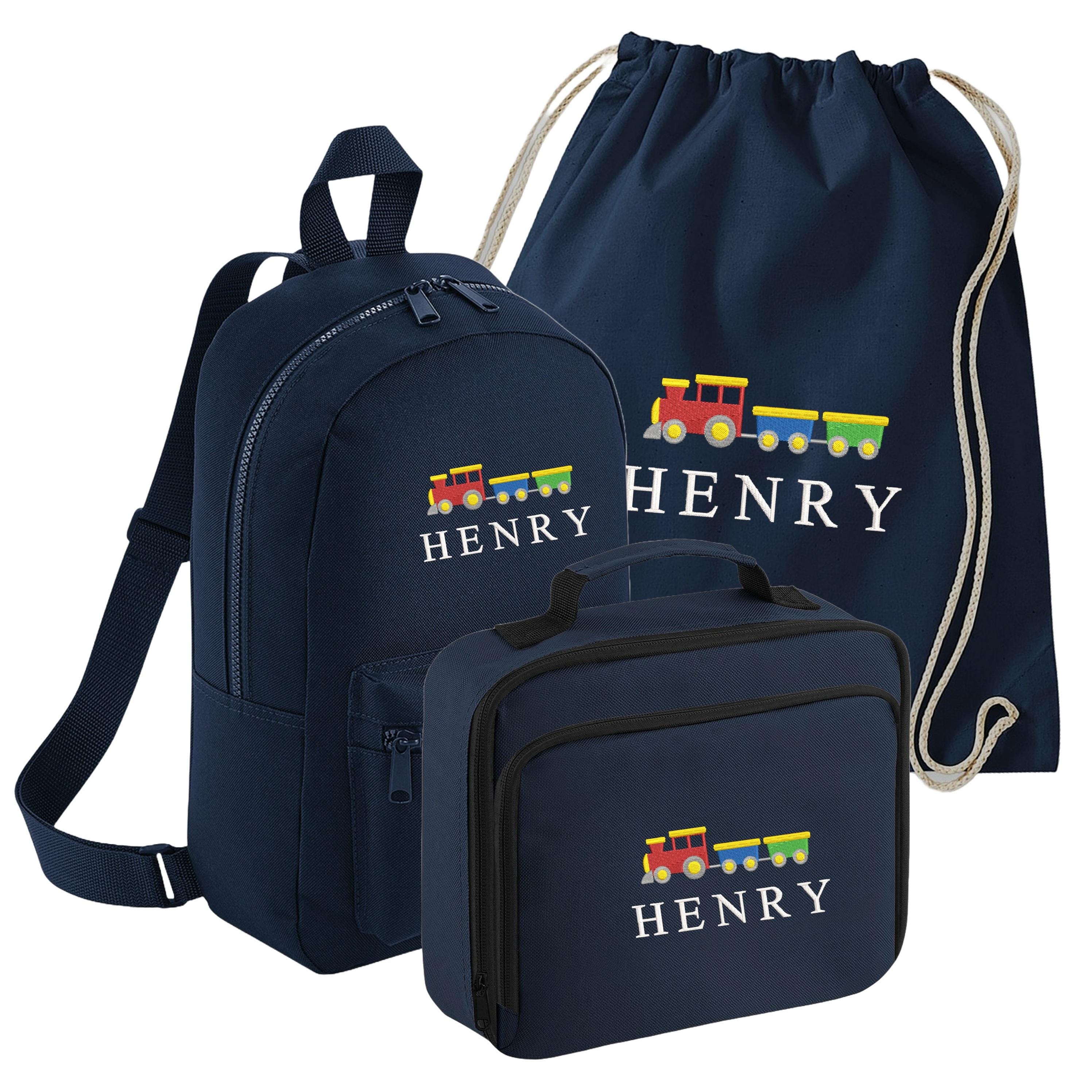 Embroidered Train Kids Personalised Name Backpack, Lunch Bag, PE Kit Gymsac Set Boys Navy Custom School Rucksack Nursery Bag