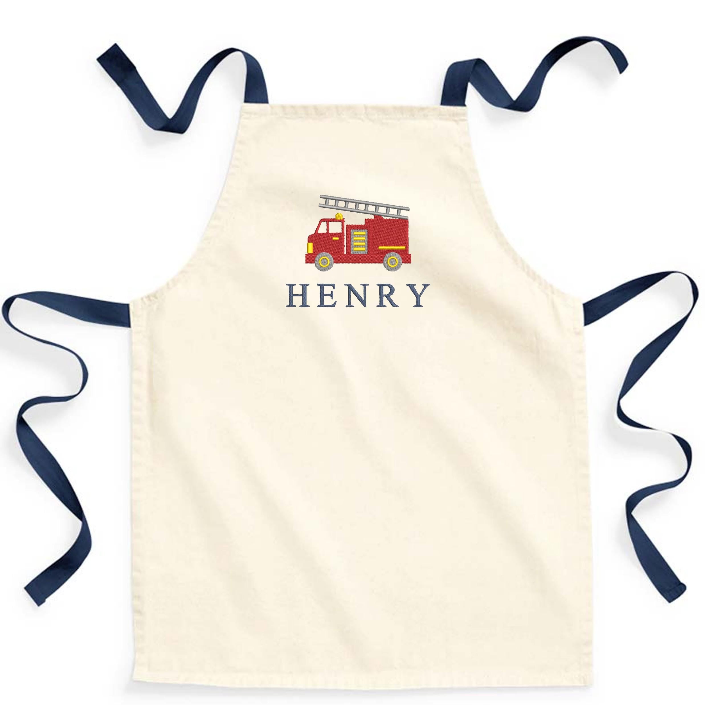 Embroidered Boys Personalised Name Fire Engine Truck Craft Apron Fairtrade Cotton Kitchen Baking Gift